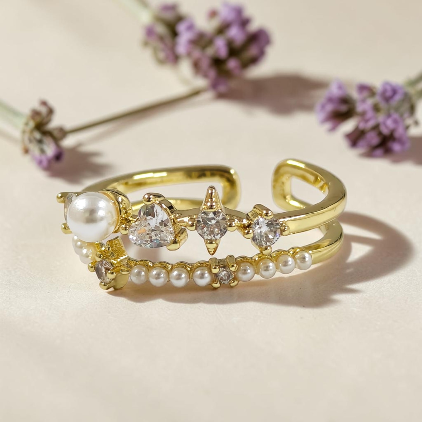 18K Gold Plated Stainless Steel Pearl Ring Heart CZ Open Adjustable Double Band