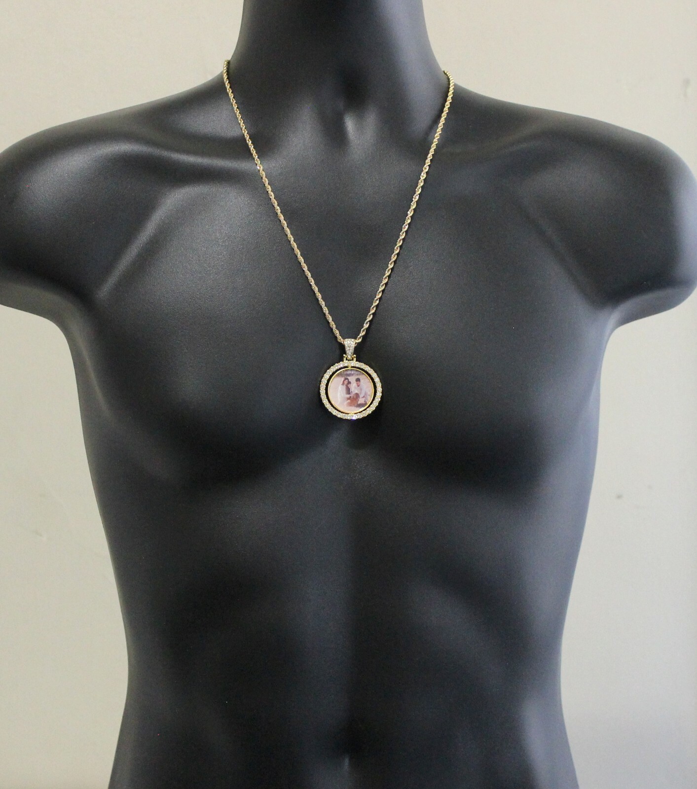 Picture Spinner Photo CZ 2 Sided Pendant Gold Plated Stainless Steel Necklace