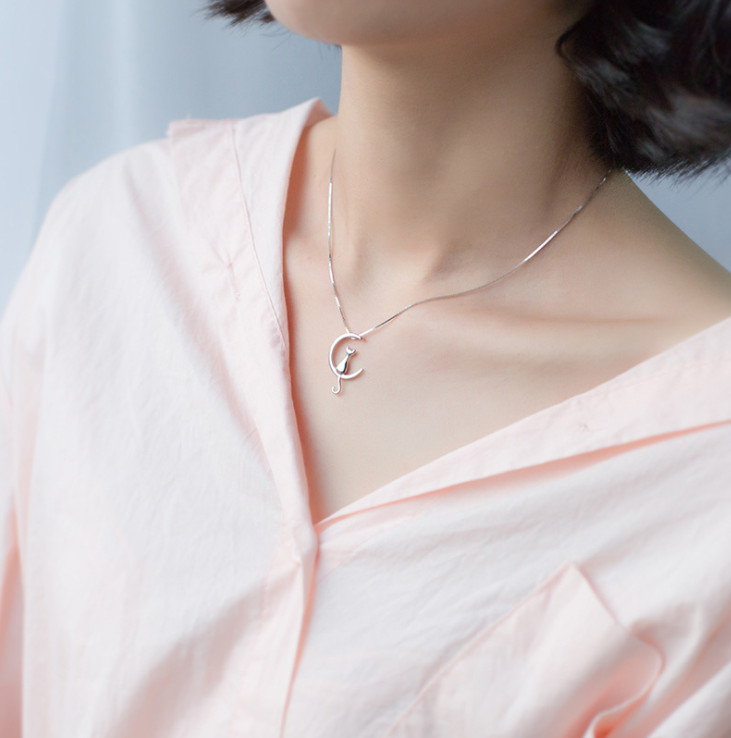 925 Sterling Silver Crescent Moon Cat Love Pendant Necklace 18″ Chain Gift B59