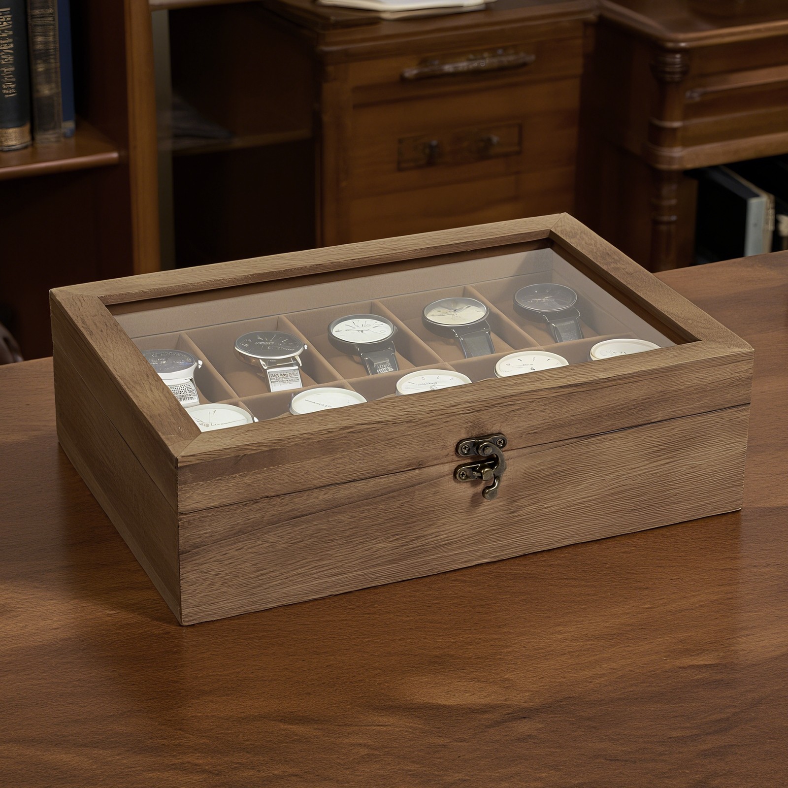 10 Slots Watch Box Wooden Jewelry Organizer Display Case with Glass Lid Gift