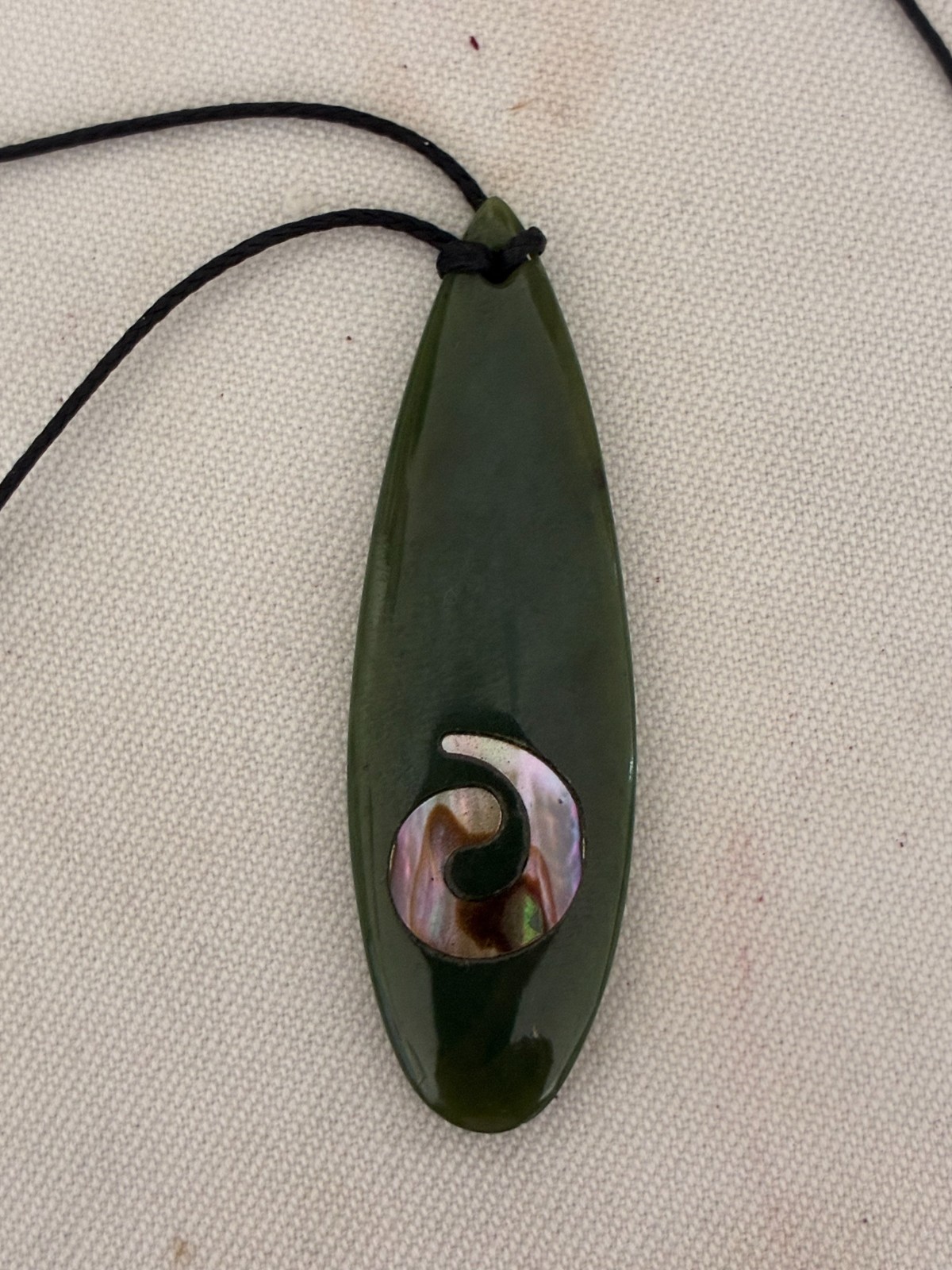 New Zealand style Nephrite Jade Drop shape pendant w/ inlaid Pua shell Koru