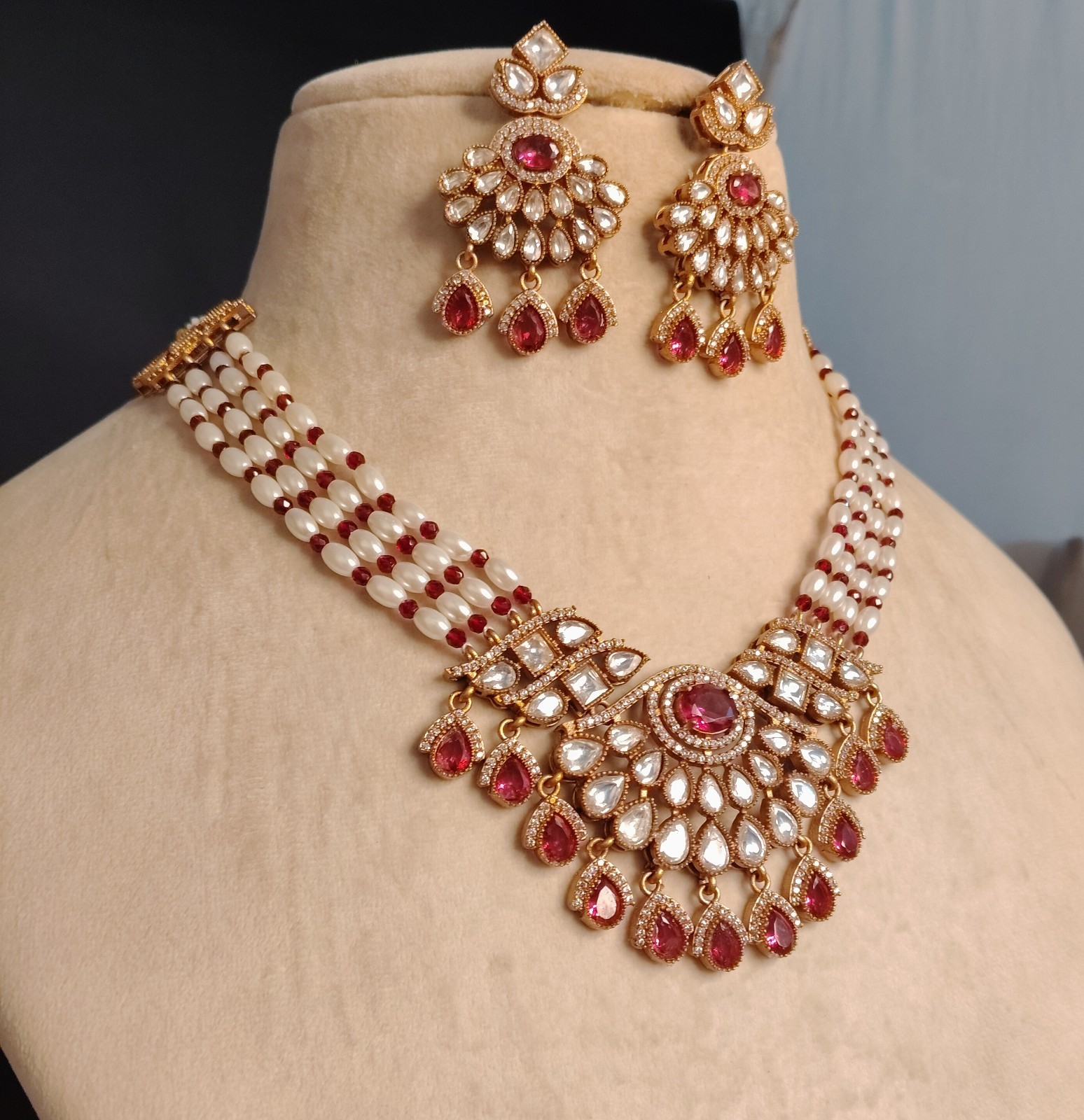 Arishfa Bridal Ruby Red Kundan Pearl Necklace Set with Earrings Roz Jewellers.