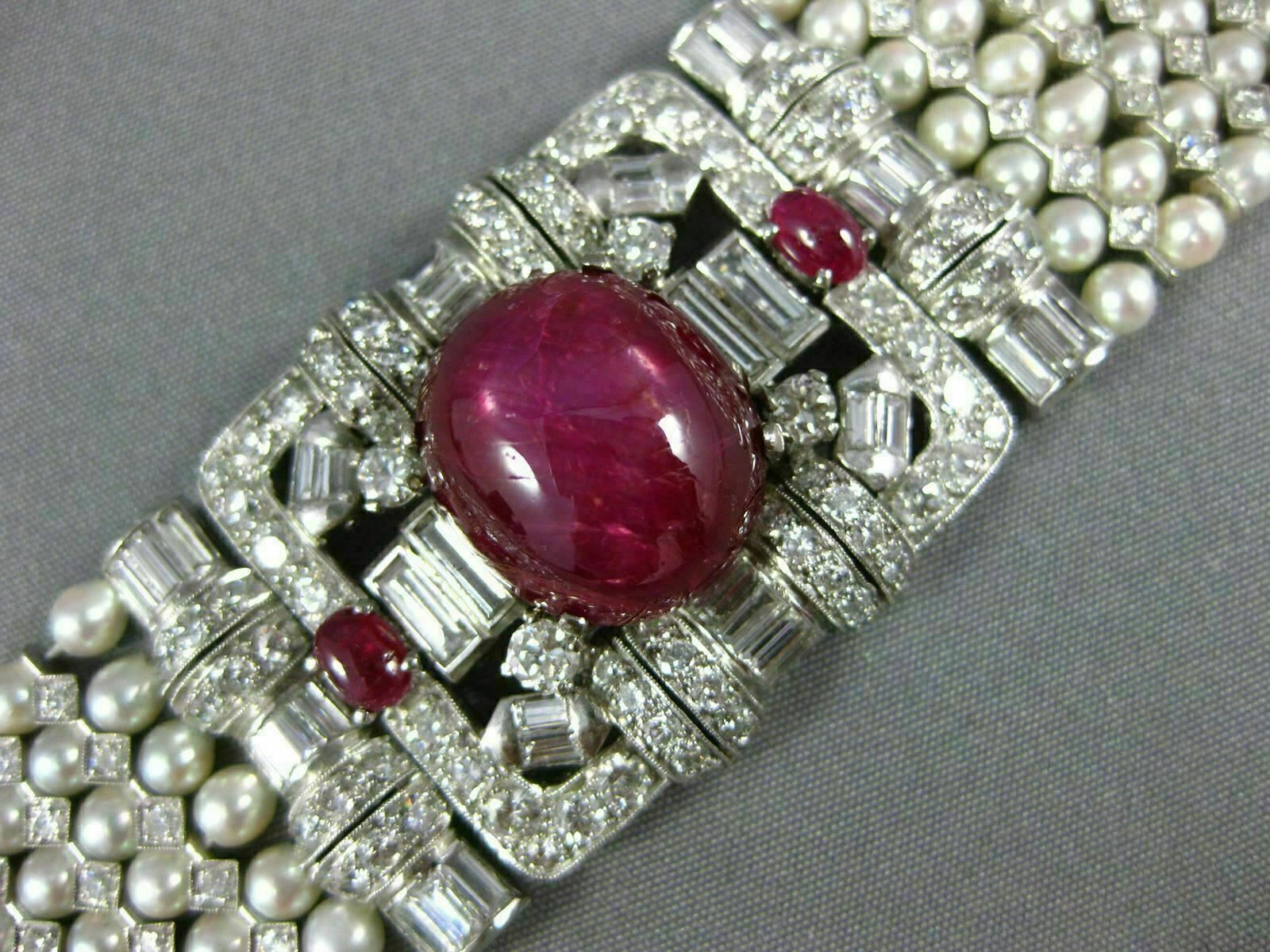 ANTIQUE LARGE 17.0CT DIAMOND AAA STAR RUBY & SOUTH SEA PEARL PLATINUM BRACELET