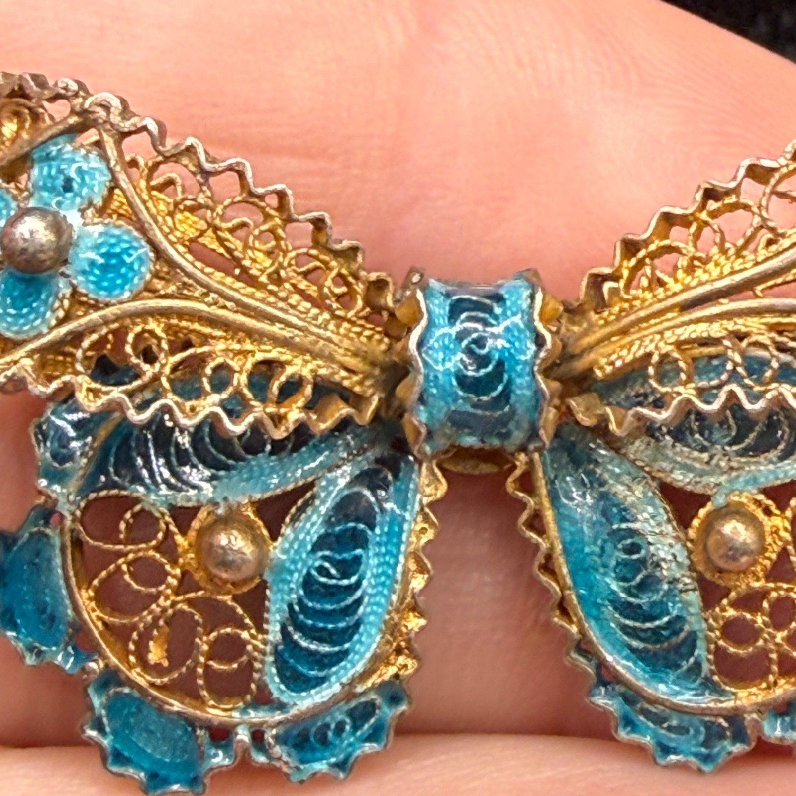 Vintage Chinese Export Brooch Bow 800 Silver Enamel Blue