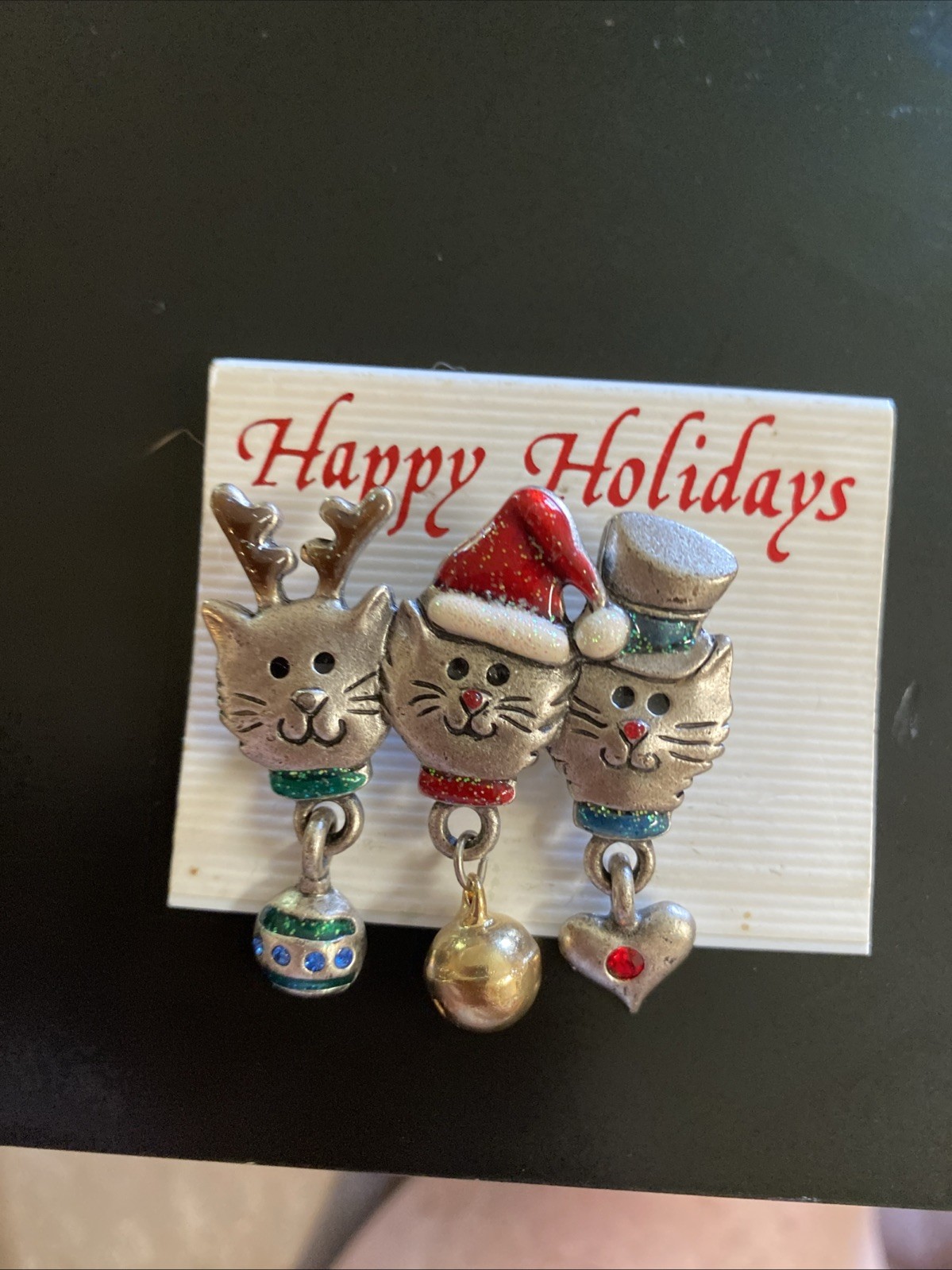 AJMC Three Cat Enamel Christmas Brooch Dangle Bells Santa Reindeer Top Hat