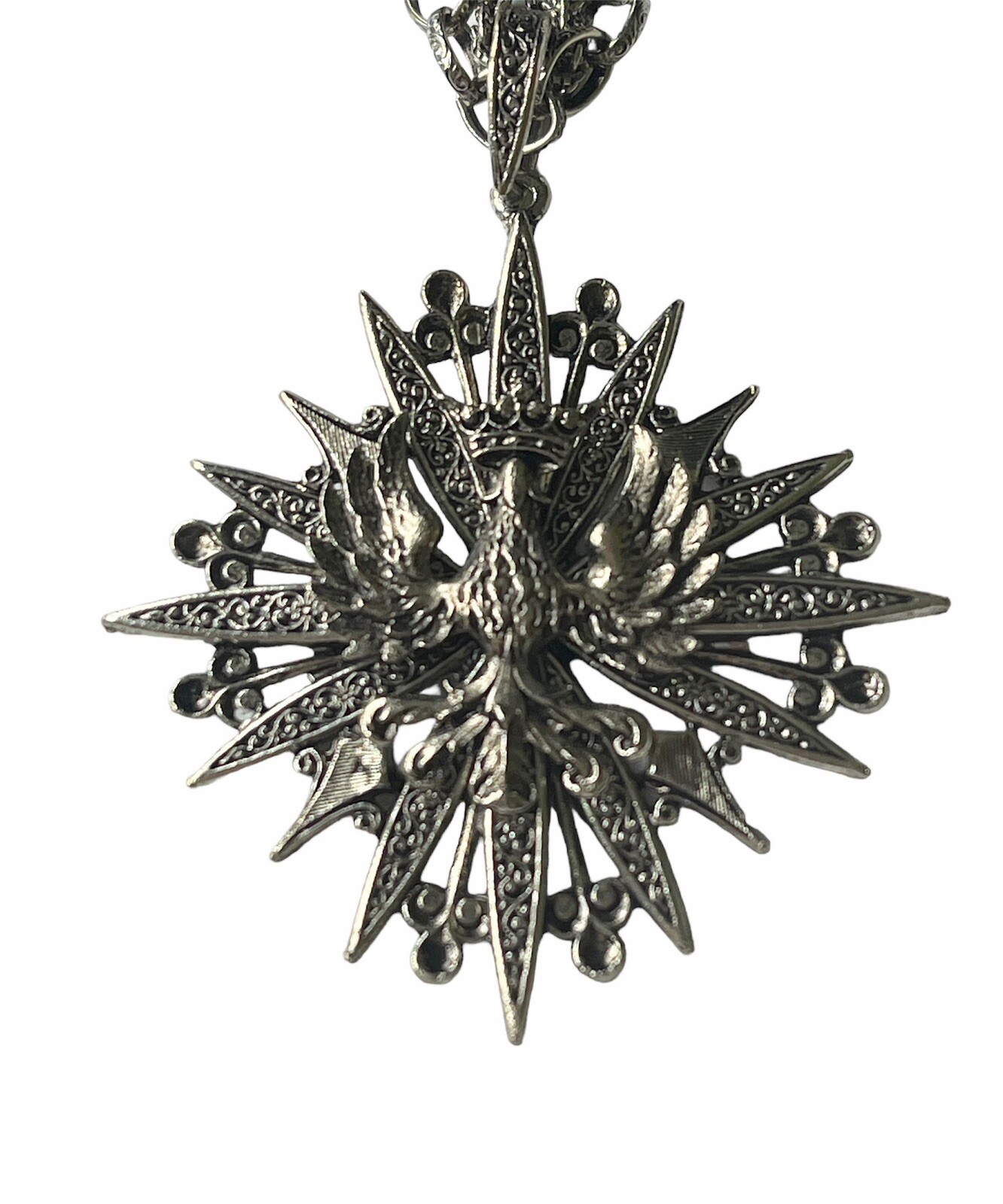 ART Vintage Silvertone Necklace Heraldic Eagle & Crown Pendant 3 Strand Chain
