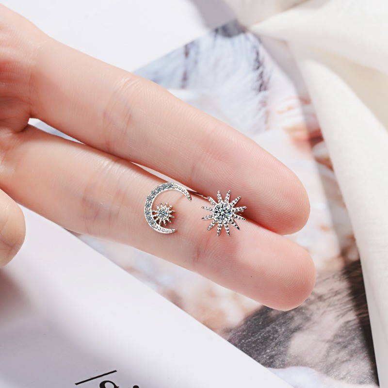 Women’s Elegant Asymmetrical Star Moon Ear Studs Rhinestones Copper Earrings