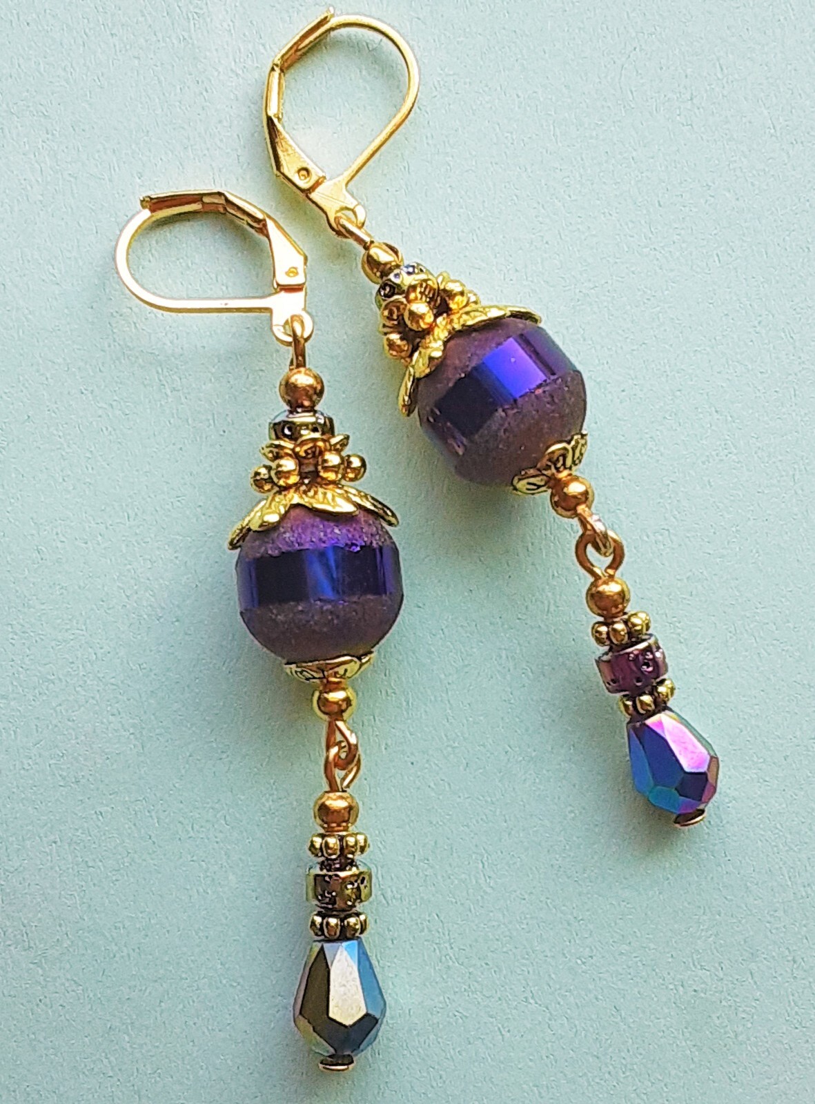 PURPLE FROSTED CRYSTAL Rainbow teardrop earring GP LEVERBACK handcrafted XCBA