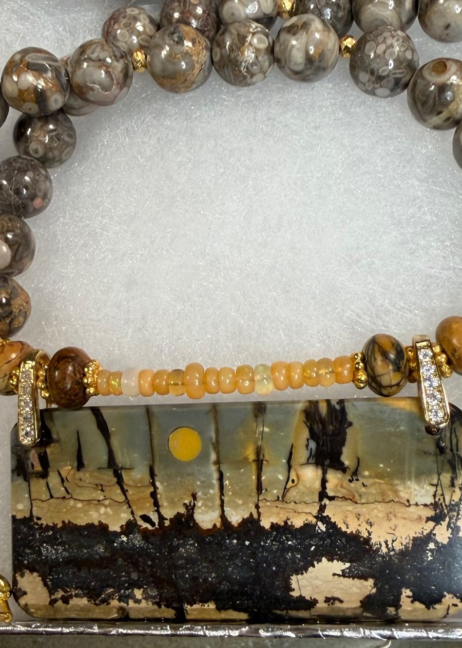 CHERRY CREEK JASPER PENDANT WITH CRINOID FOSSIL & ETHIOPIAN OPAL BEAD NECKLACE