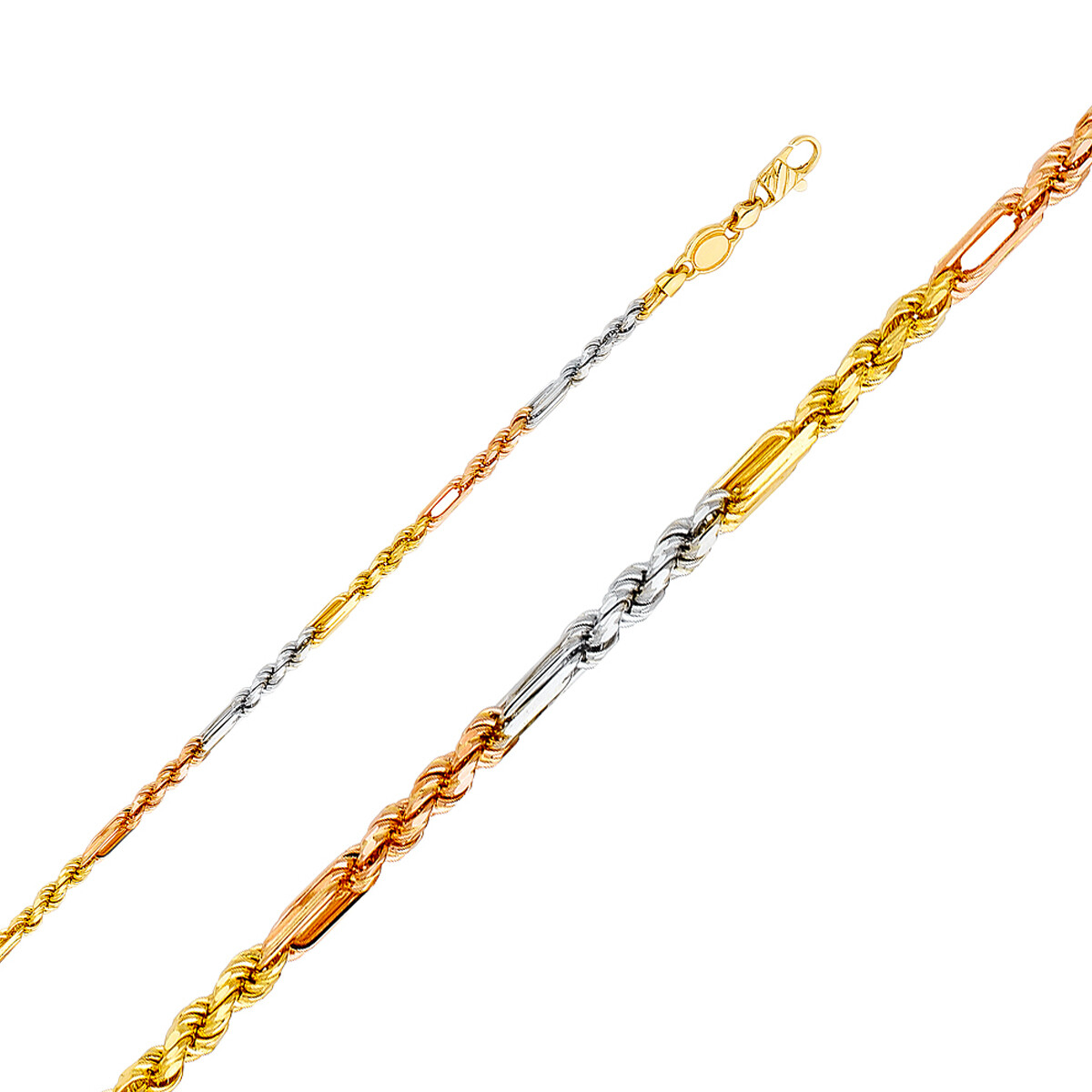 Mens 14K Solid Tri Color Gold 3mm Figarope Chain / 8″- 24”