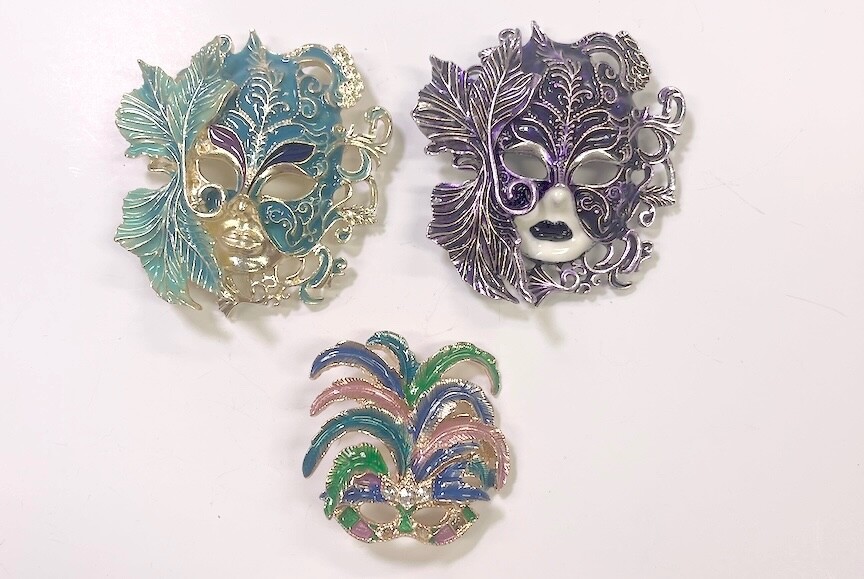 3 Festive Mardi Gras Mask Brooches Enamel in Multicolor Purple & Feathered