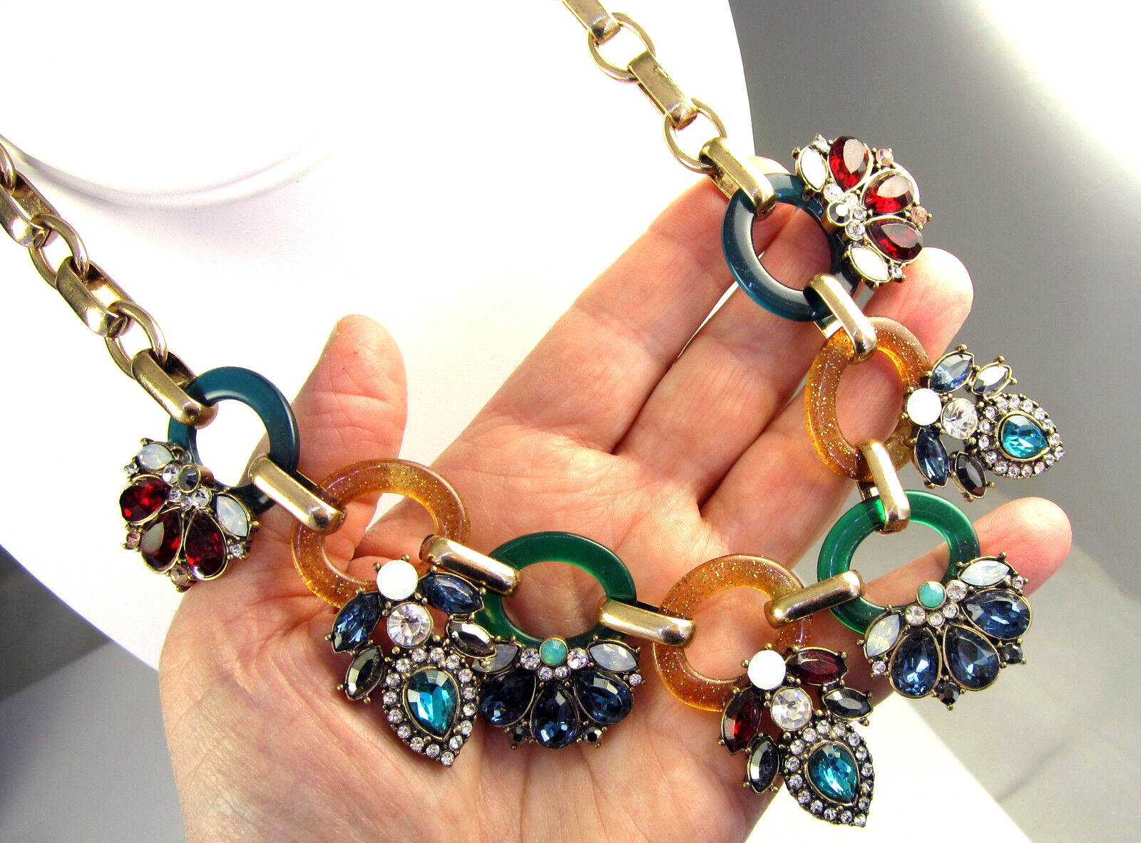 Estate Gorgeous Colorful Sparkling Resin Rhinestone Goldtone Collar Necklace