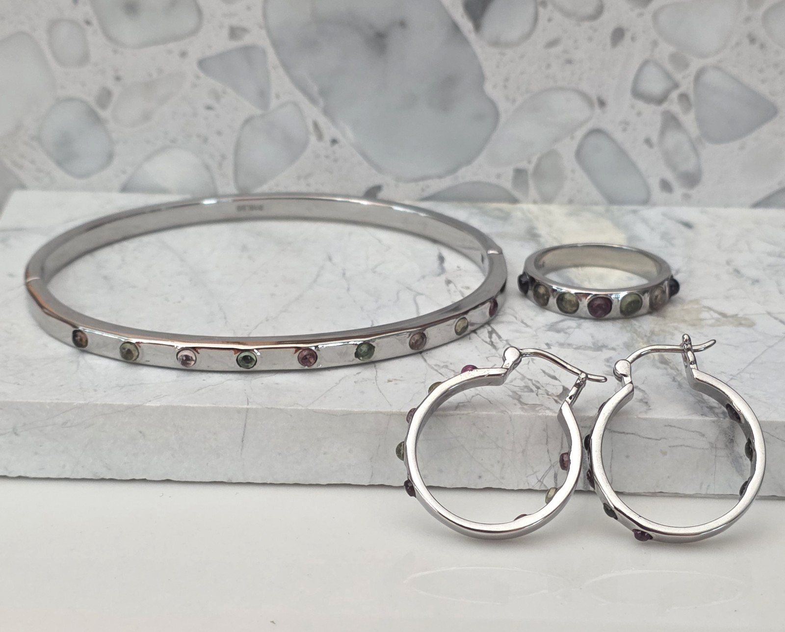 Multi-Tourmaline Bracelet (7.25 In), Ring, Earrings in Stainless 2.85 ctw Sz8