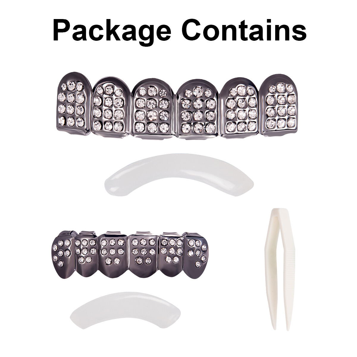 18K Gold/Silver/Black Plated Hip Hop Teeth Grillz Top Bottom Mouth Diamond Grill