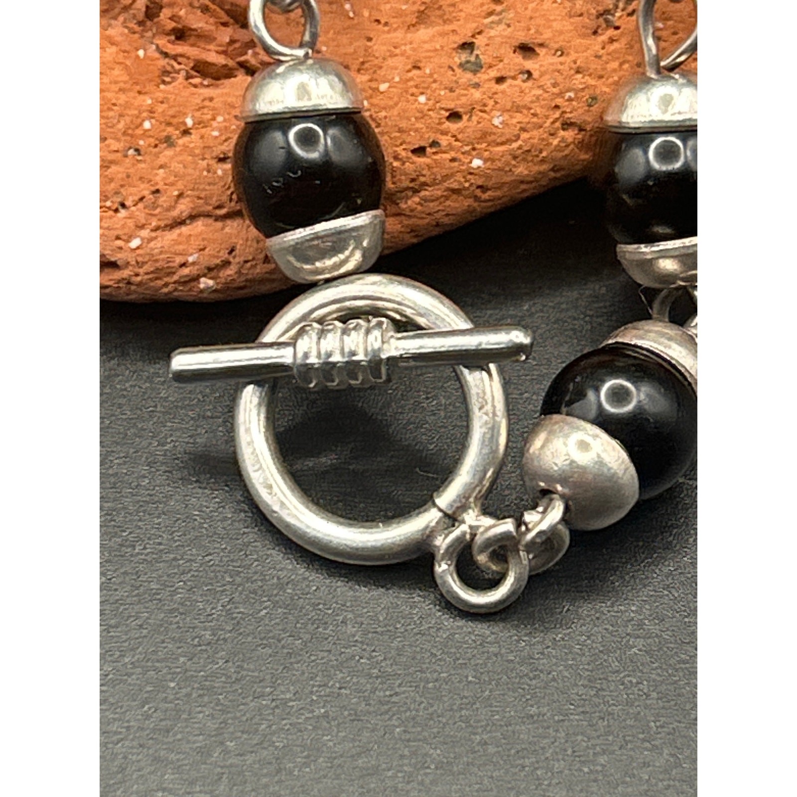 Vintage Mexican 925 Sterling Silver Black Onyx Bead Bracelet 6.5″ Toggle