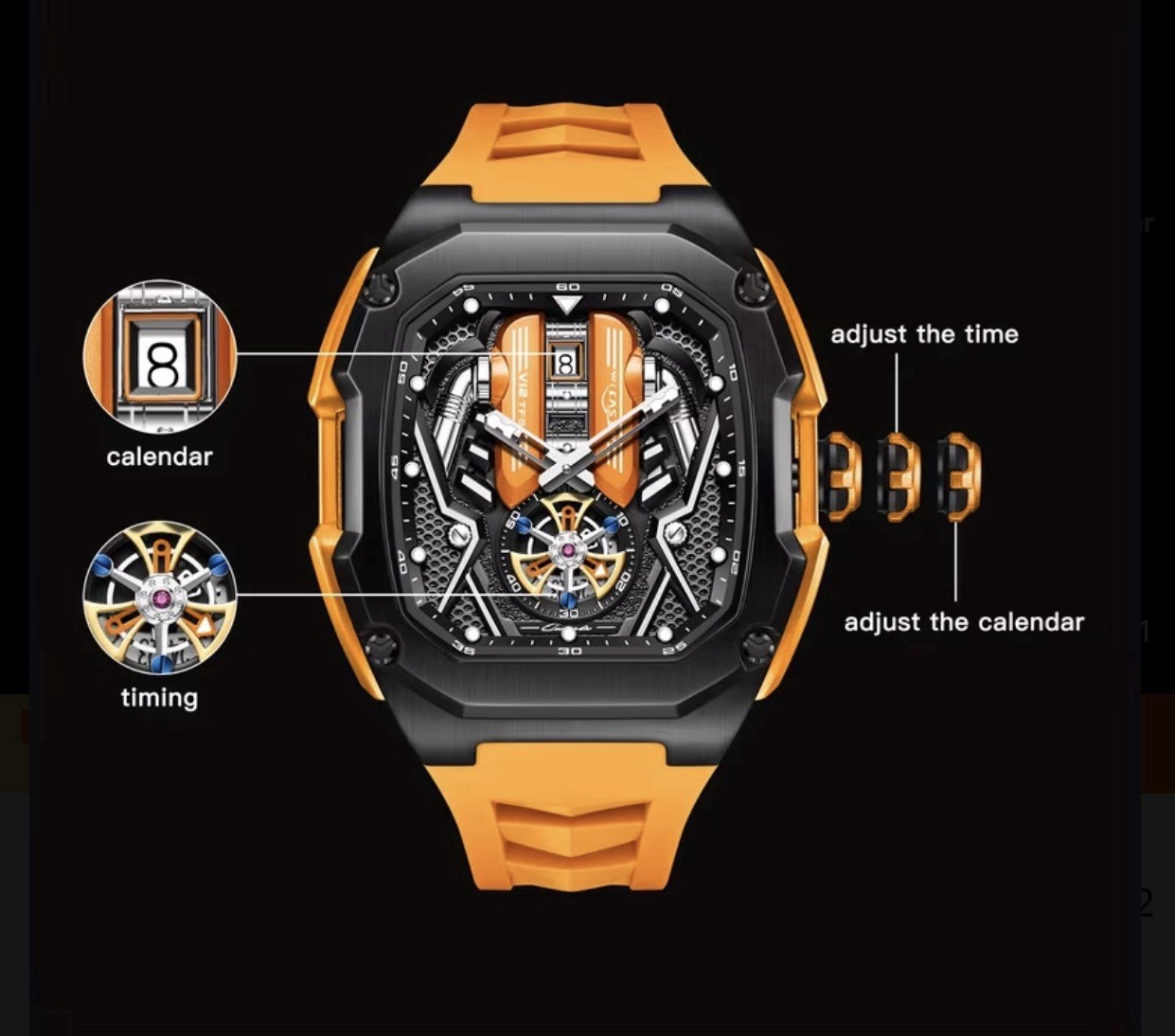 Tonneau Skeleton Dial Analog Sport Watch Date 48.3mm Black Case Silicone Strap