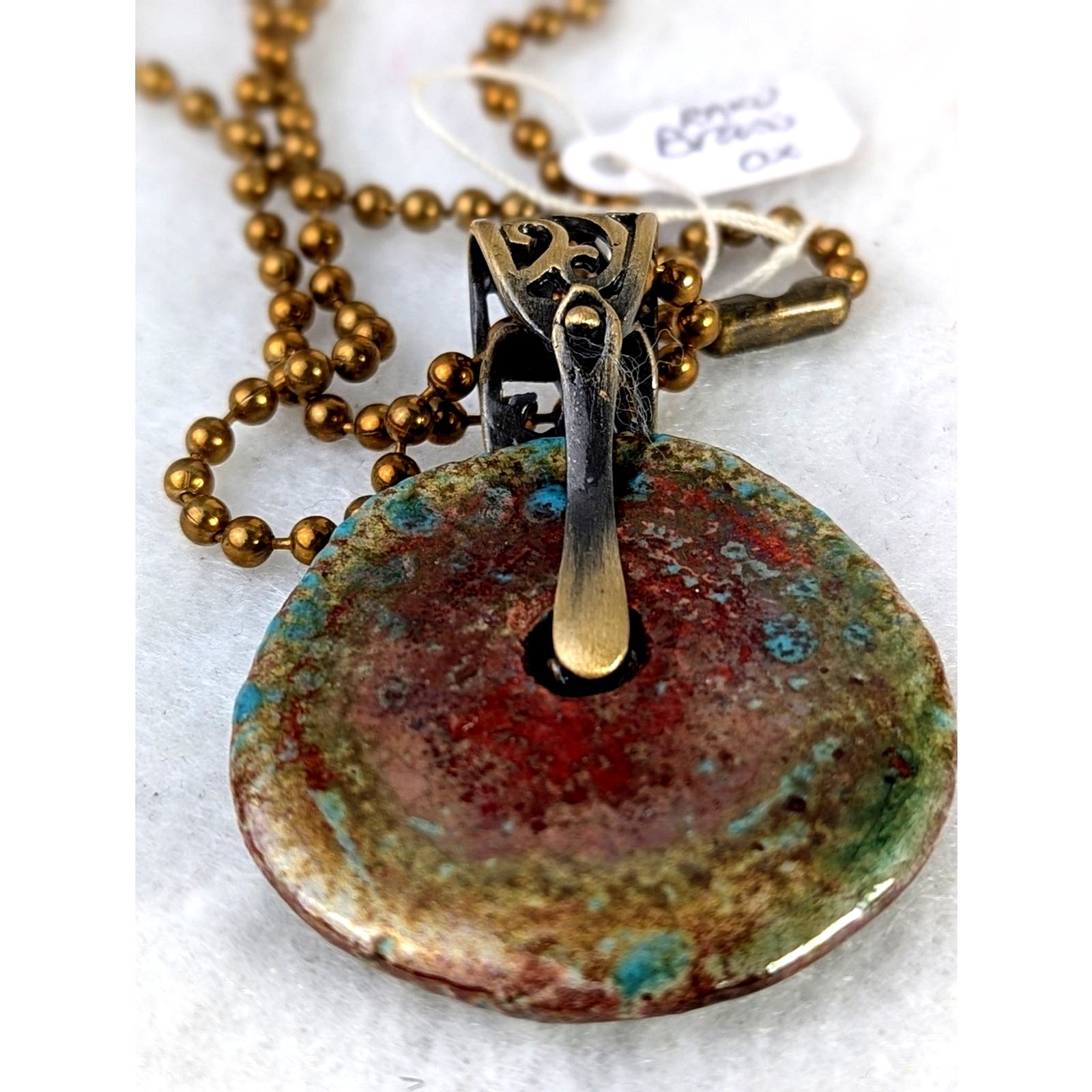 Raku donut pendant+17 ball chain handmade artisan brass ethnic boho hippie NWT