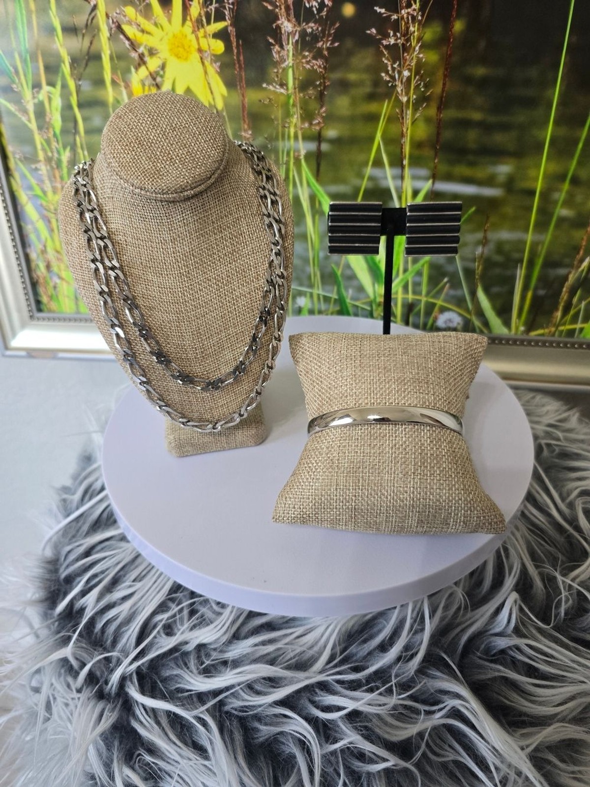 Monet Silver Tone 3 Piece Jewelry Set Long Necklace Bracelet Clip On Earrings