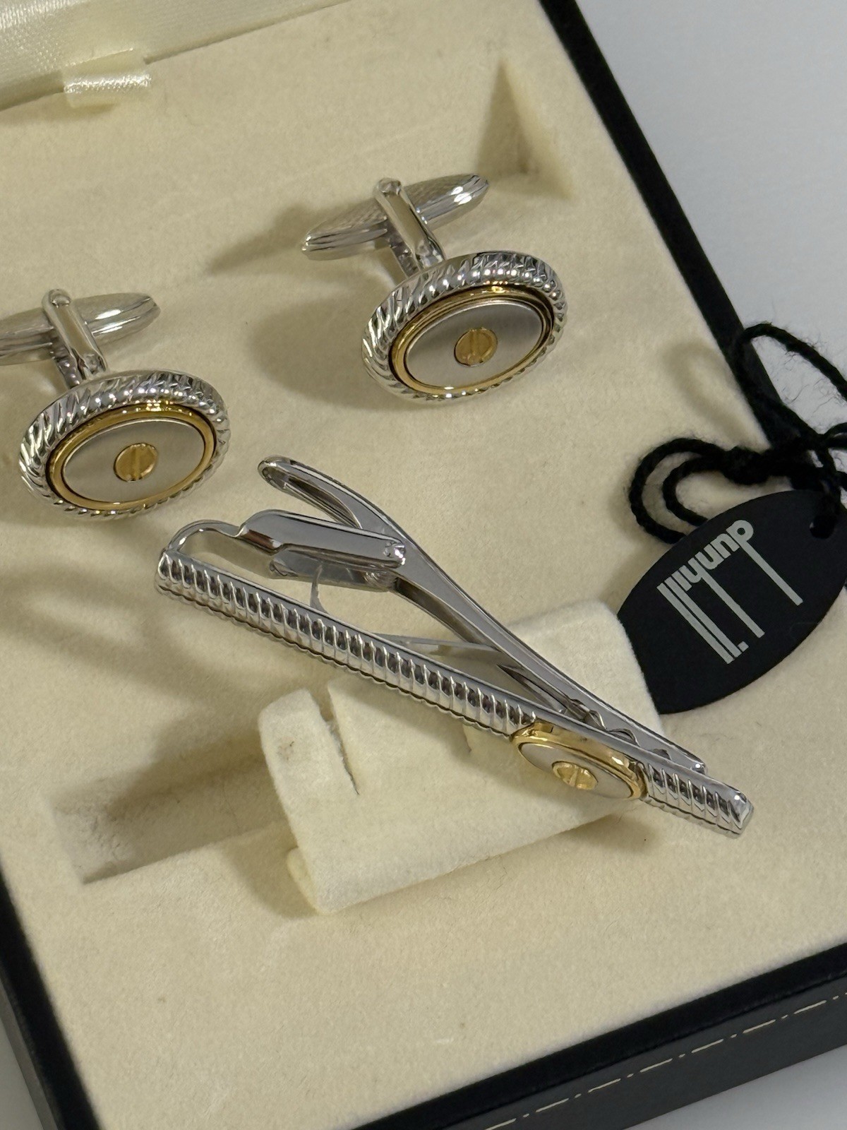 Dunhill Cufflinks & Tie Clip Set Two-Tone Silver Gold Tone Boxed