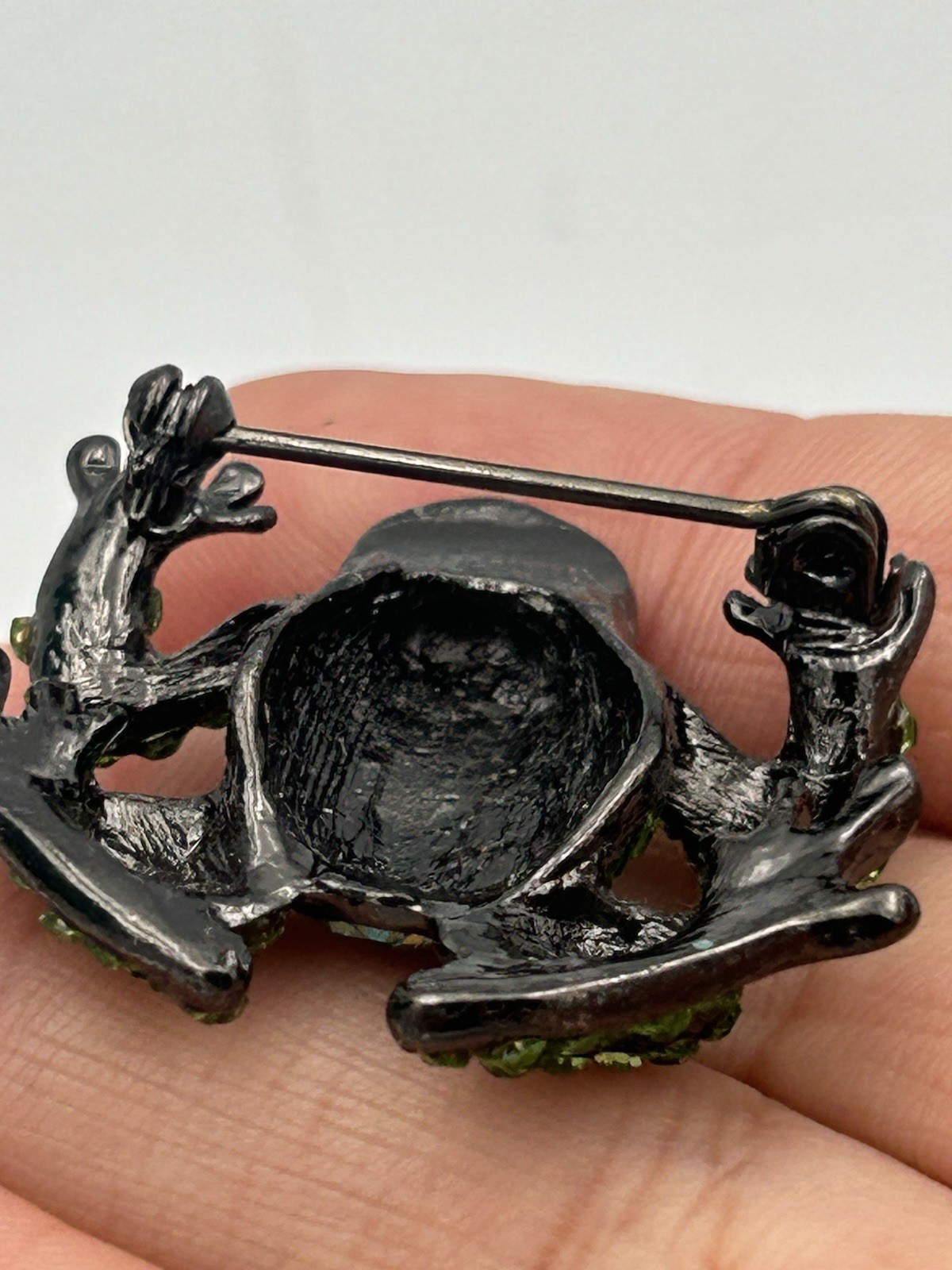 Whimsical Green Crystal Frog Brooch Pin Gun Metal Finish Diamante AB Rhinestone