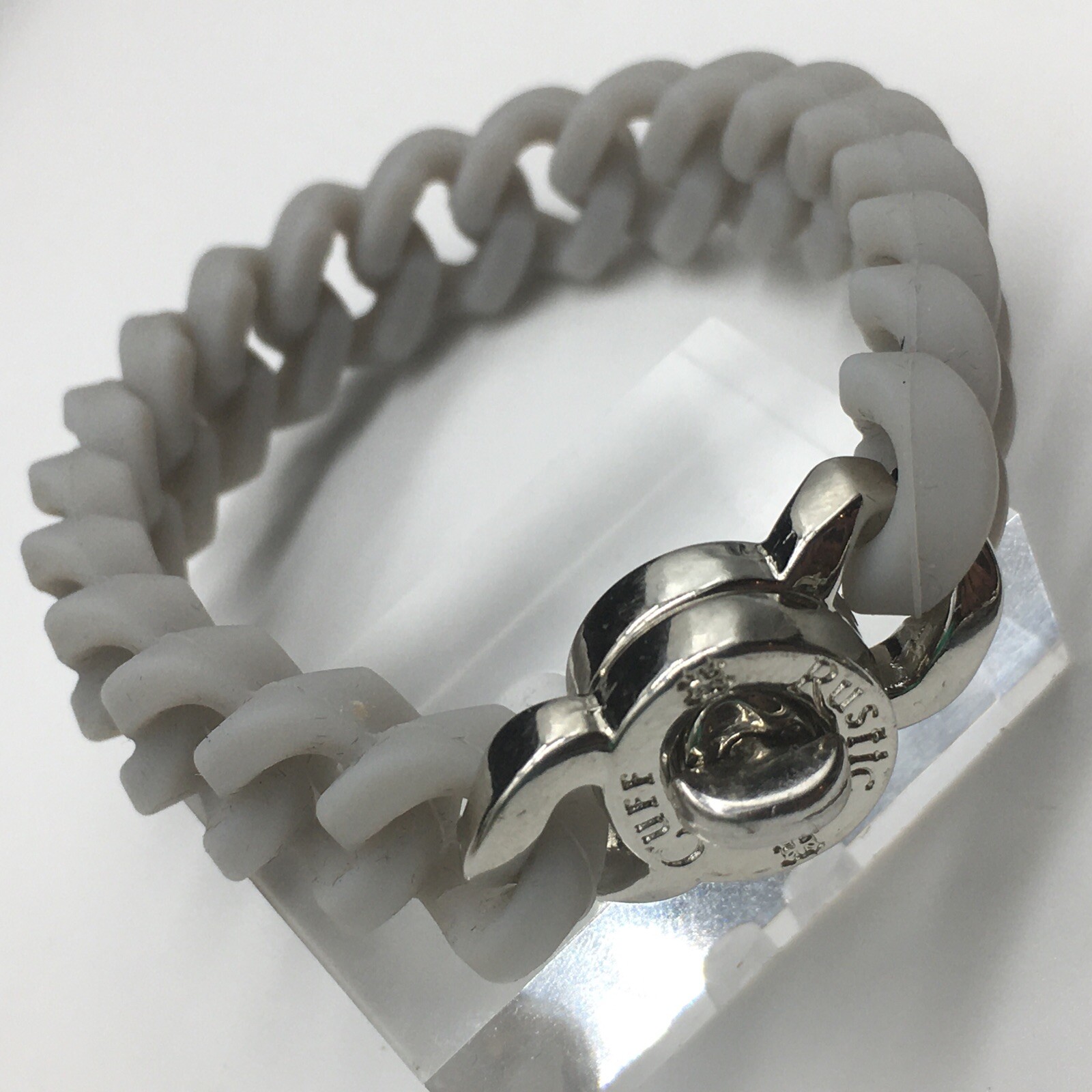 Rustic Cuff Gray Silver Tone Logo Turn Lock Silicone Stretch Chain Bracelet