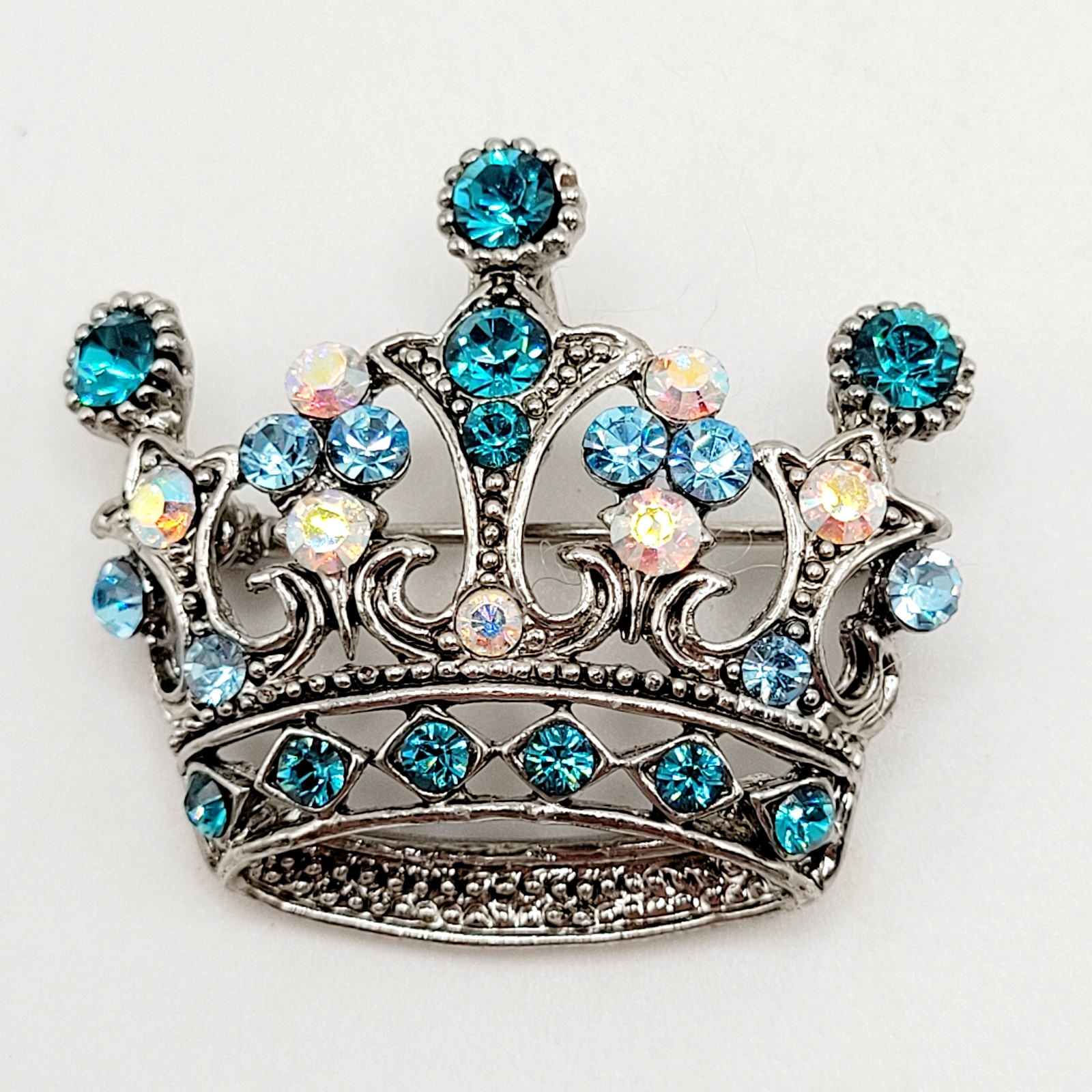 Regal Royal Queen Crown with Light Blue Rhinestone Silver Tone Pendant Brooch