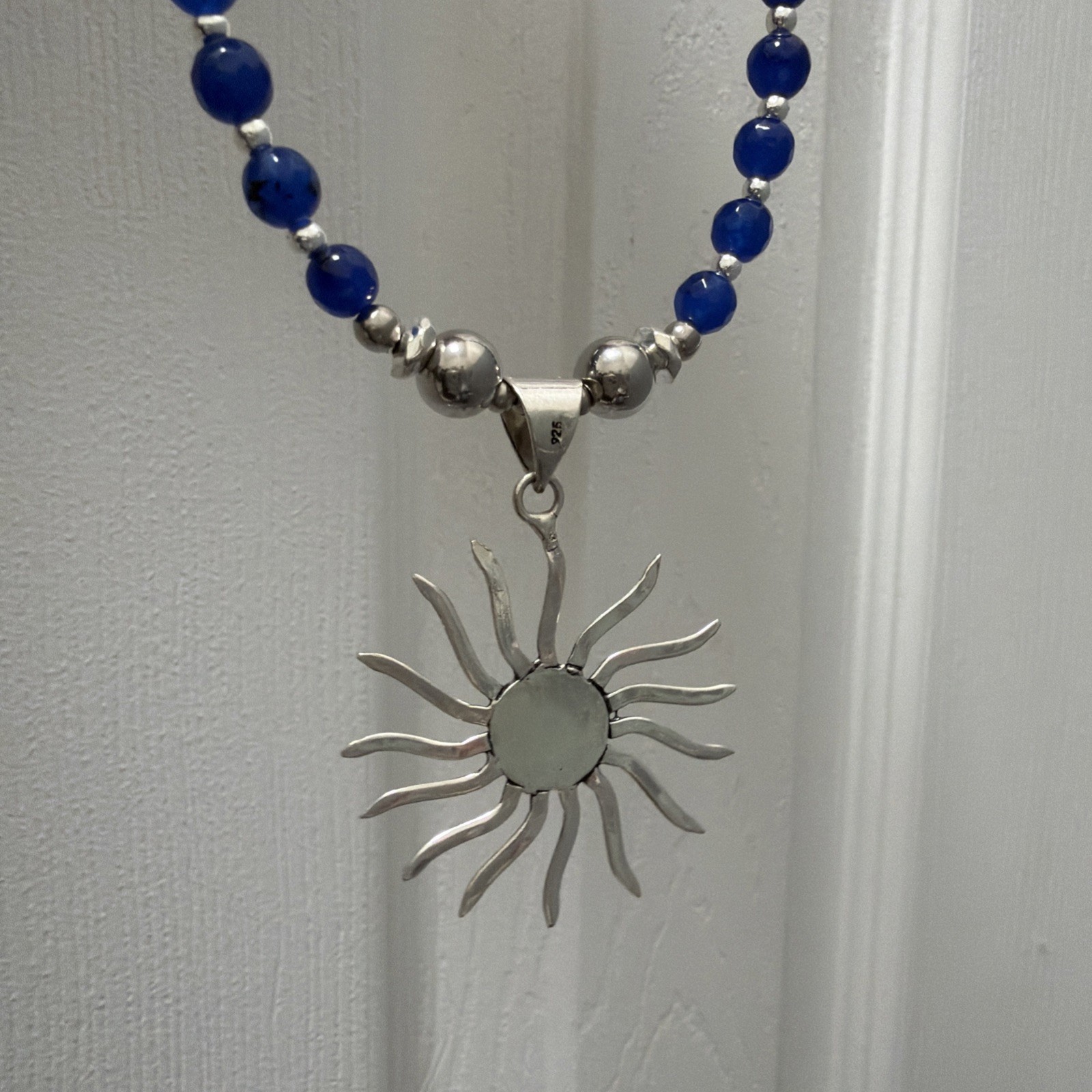 Blue Saphire Sterling Sun Pendant With Matching Bead Necklace 18-20inches