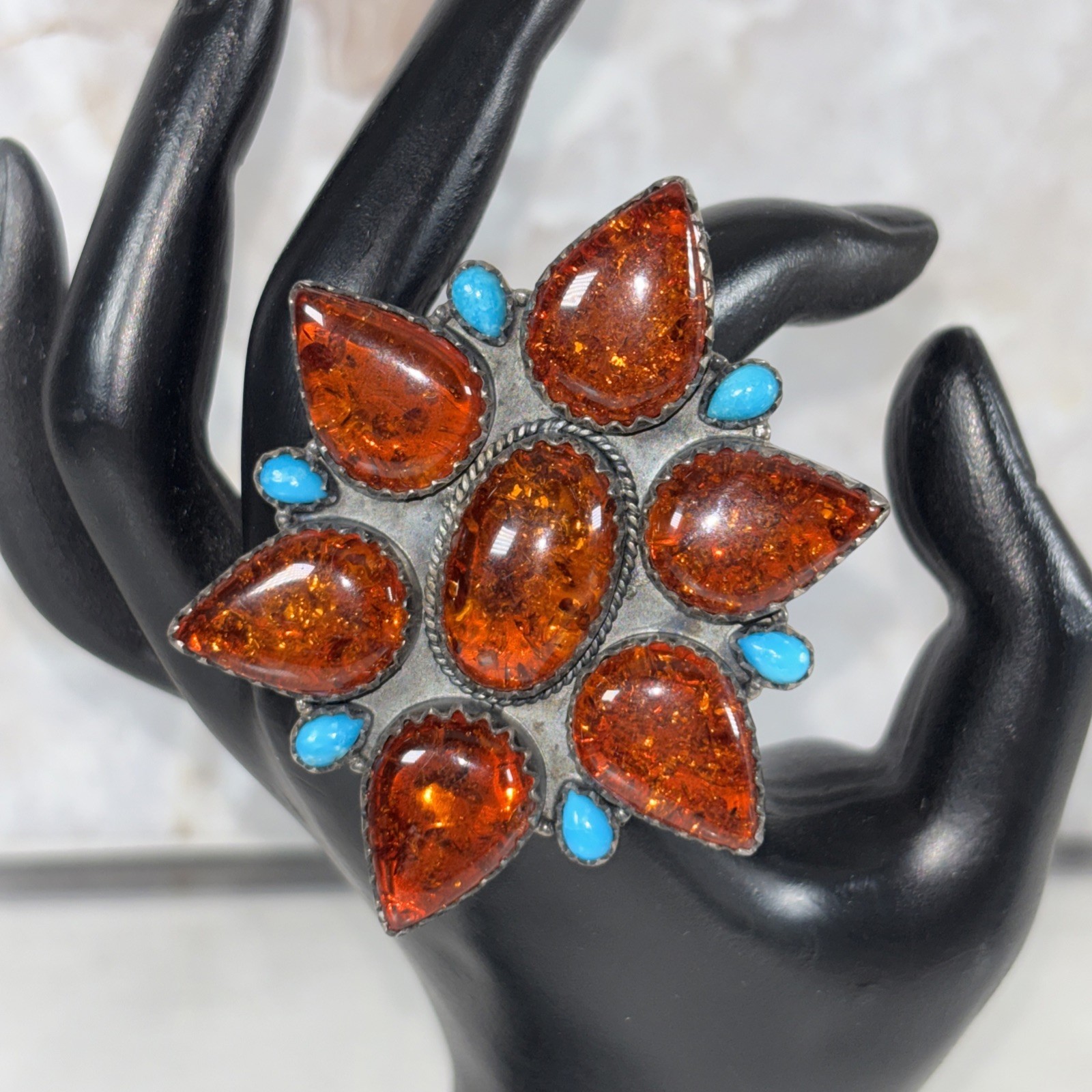 Artisan Statement Ring 925 Sterling Silver Turquoise And Amber Adjustable Size