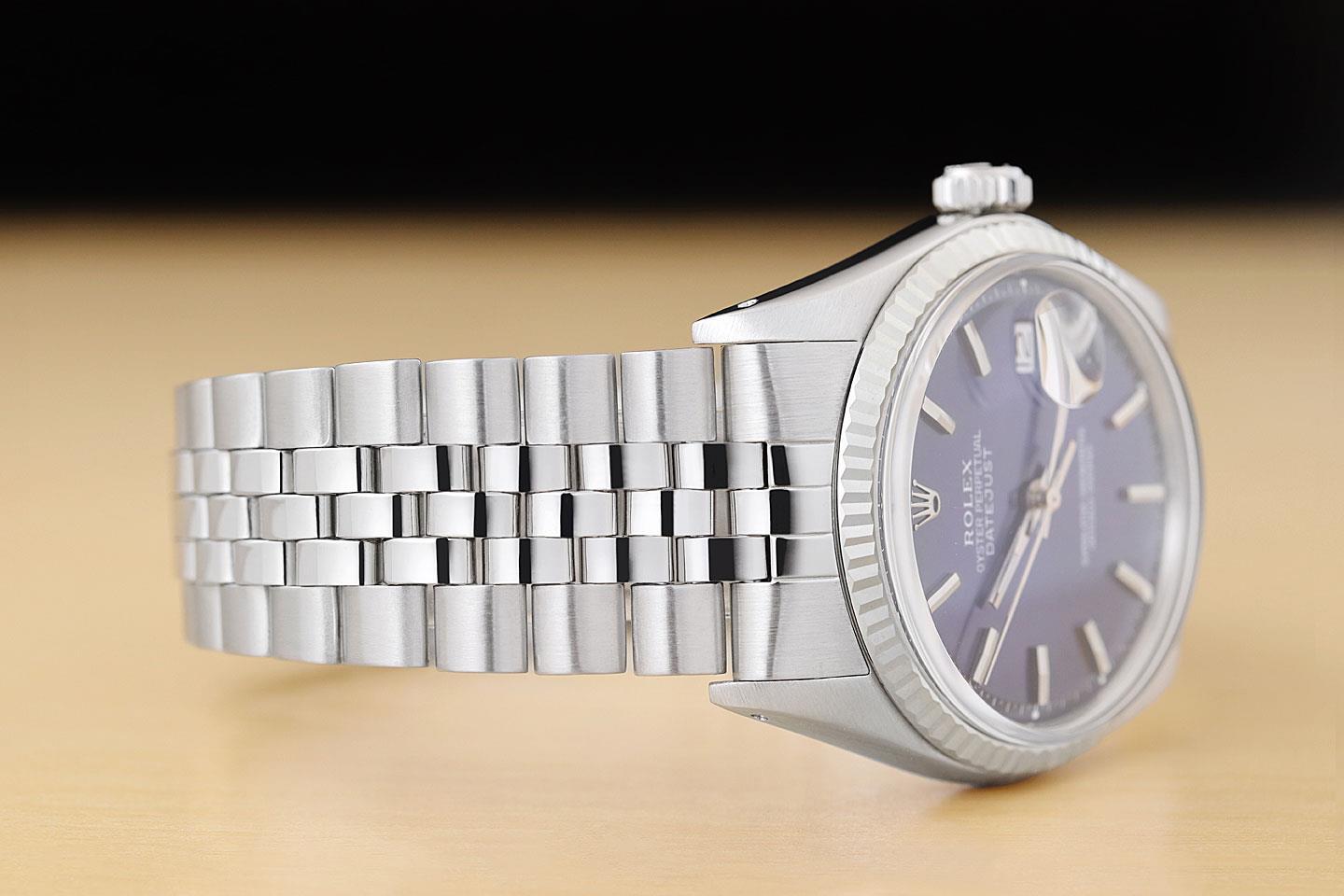 ROLEX MENS DATEJUST BLUE DIAL FLUTED BEZEL 18K WHITE GOLD STAINLESS STEEL WATCH