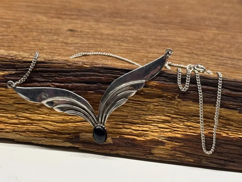 Vintage artisan necklace wings onyx 925 Sterling silver