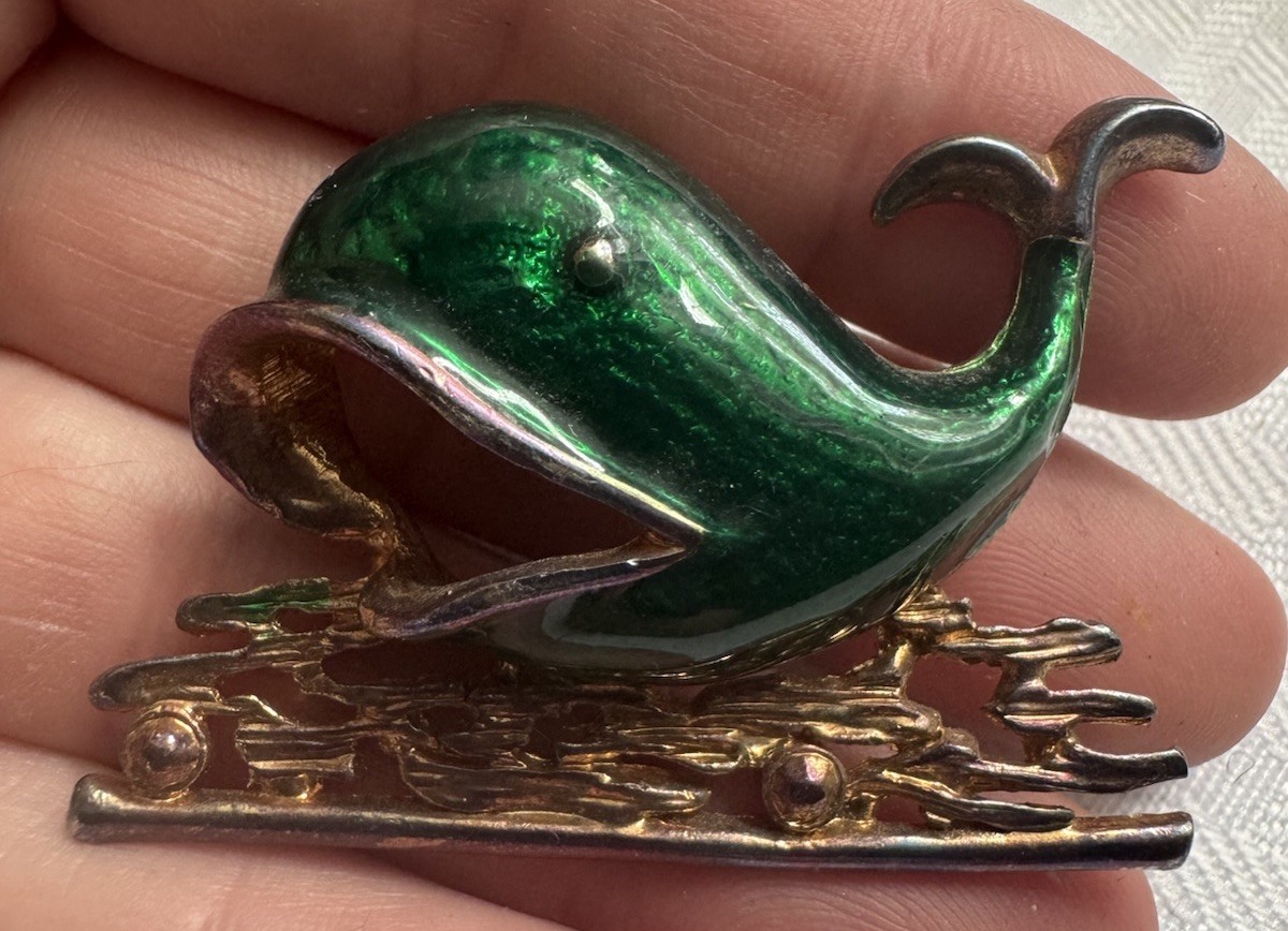 Vintage Enameled Sea Worthy Green Gold Tone Whale Pin Nautical Pin Brooch