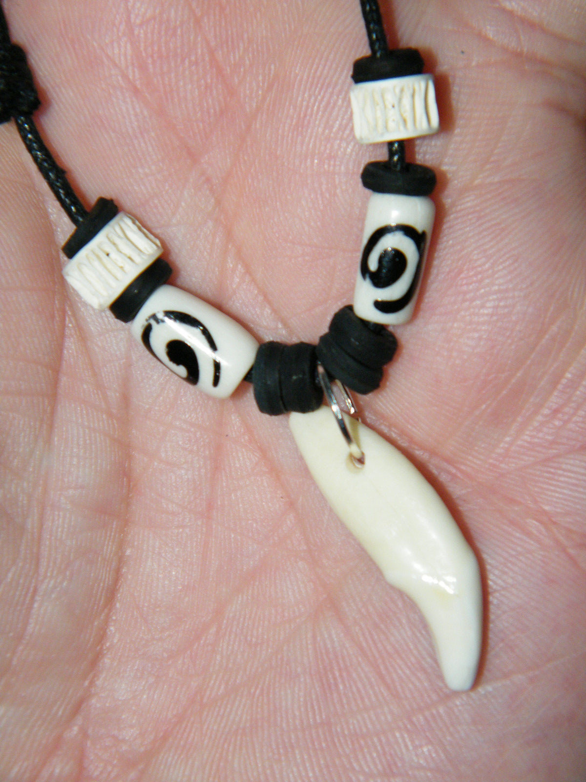 White Coyote Tooth Necklace REAL Teeth Black White Beads 16″-28″ Black Cord NEW!
