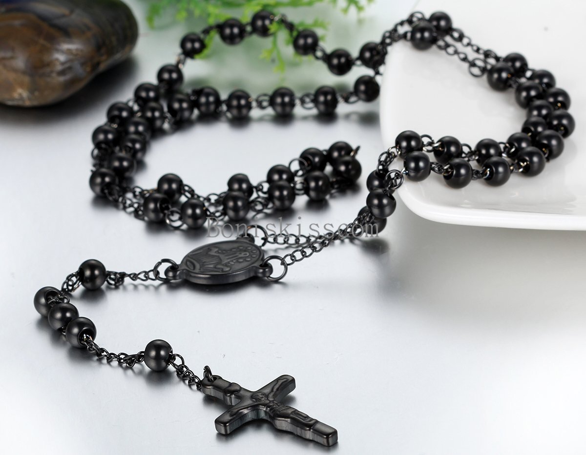 Stainless Steel Jesus Christ Crucifix Cross Rosary Bead Chain Pendant Necklace