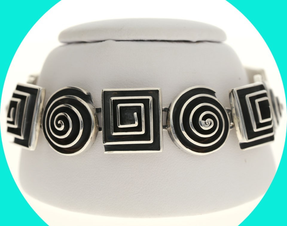 Vintage Sterling Silver Swirl Maze Link Toggle Bracelet 925 17.4MM Wide 7.5” L