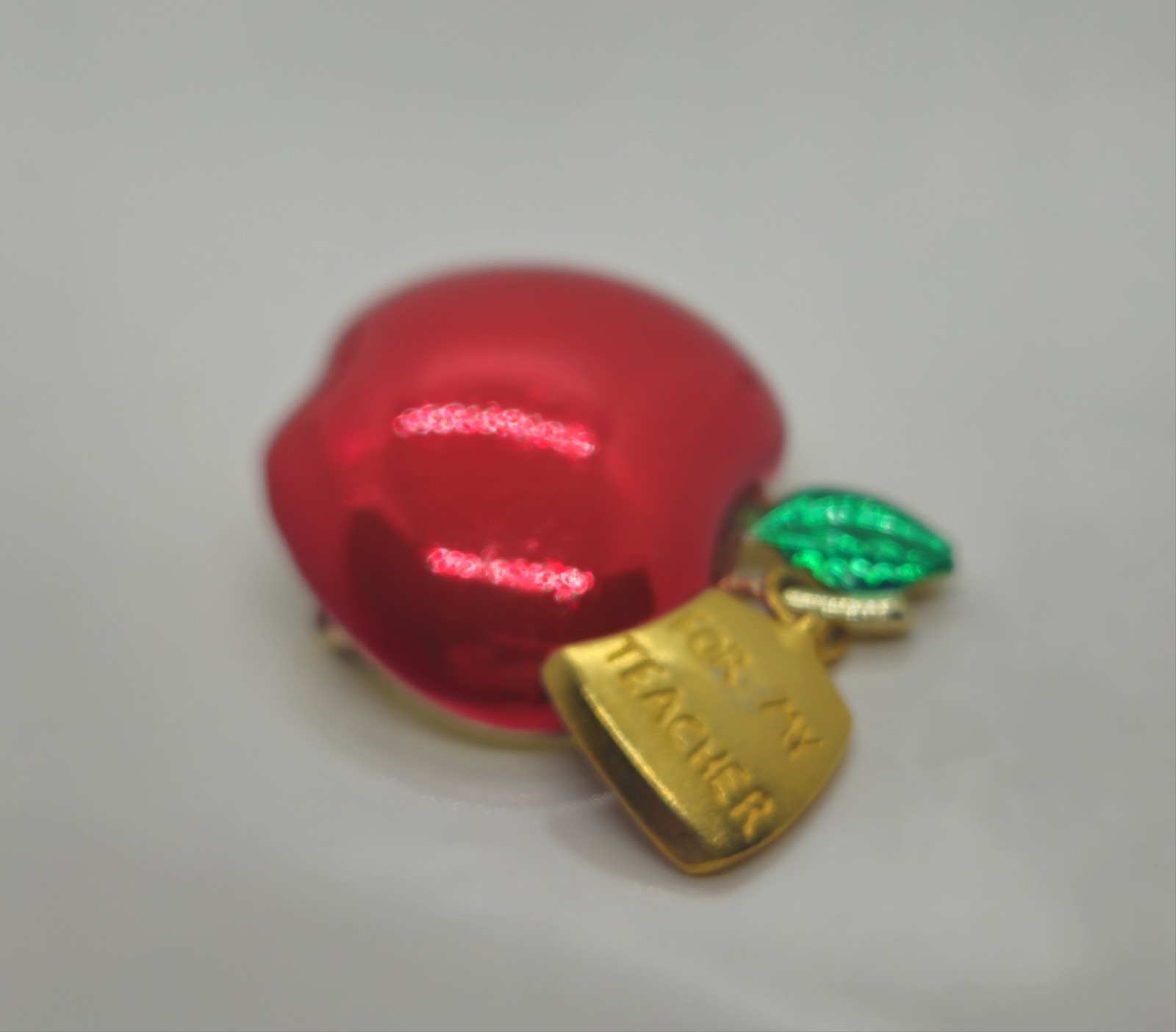 For My Teacher Red Apple Brooch Pin Metal Enamel Marked A.J.C. 1″