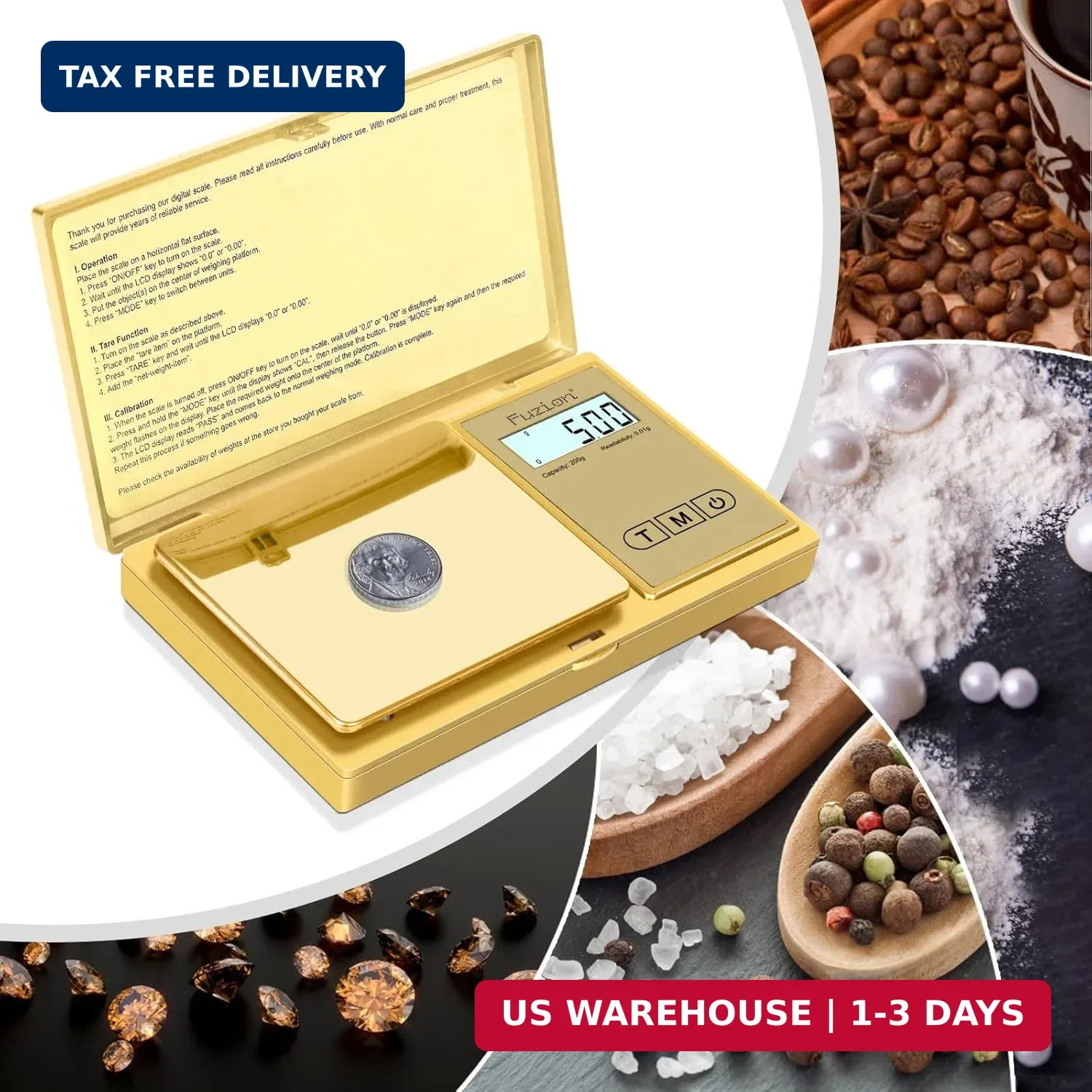 Fuzion Gram Scale, 200gx0.01g Digital Pocket Scale Gold Titanium Plating, High P