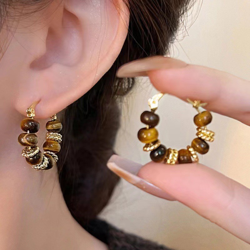 1 Pair Vintage Tiger Eye Stone Hoop Earrings Elegant Ear Clips Statement Jewelry