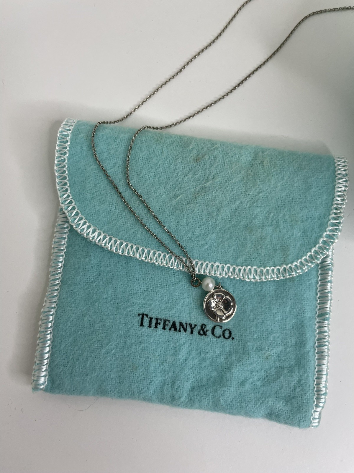 Tiffany & Co Silver RARE Nature Rose Pearl Pendant 17 Inch Necklace!