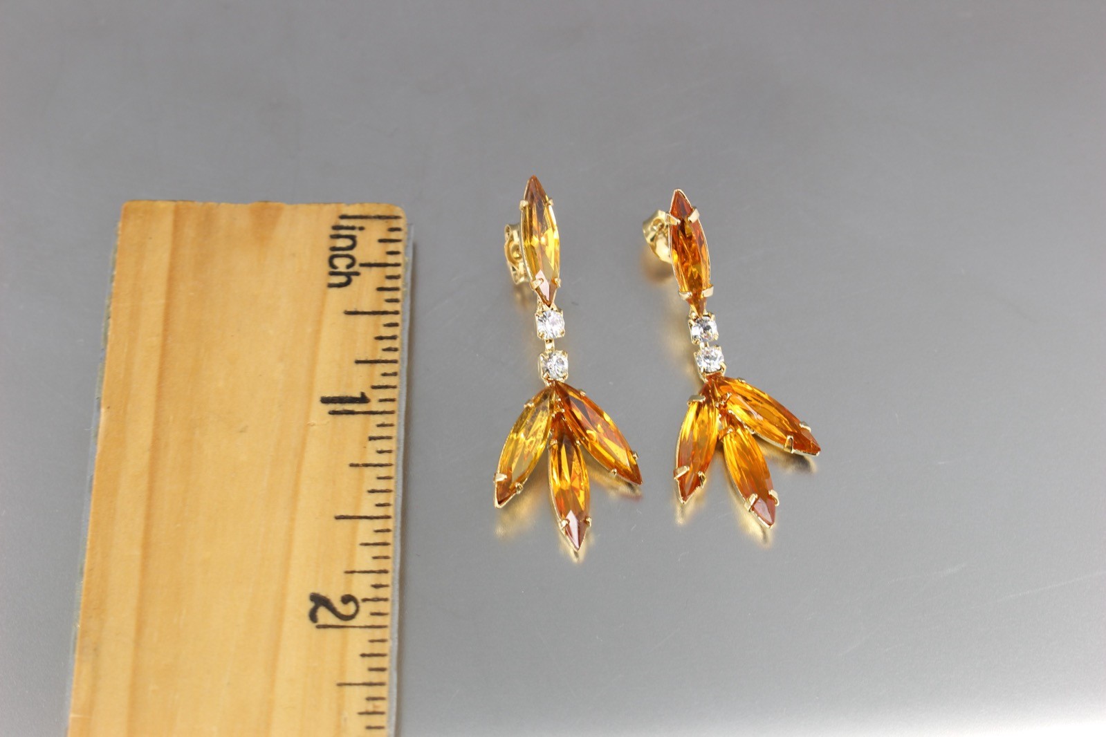 VINTAGE 70’S ORANGE & CLEAR CRYSTAL GLASS RHINESTONE BEAD PIERCED EARRINGS