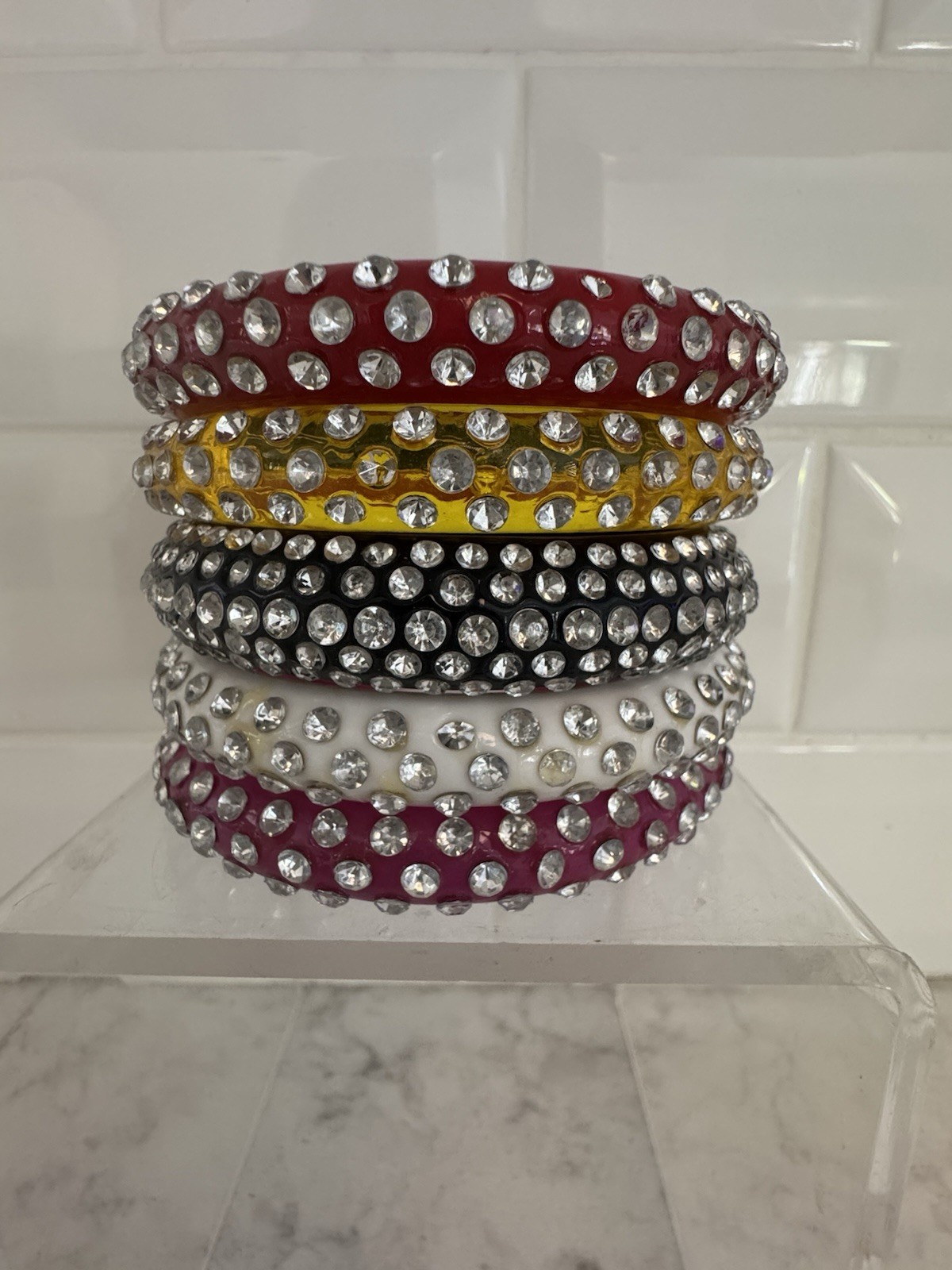 Vintage Acrylic Bangle Rhinestone Bracelets. (5)