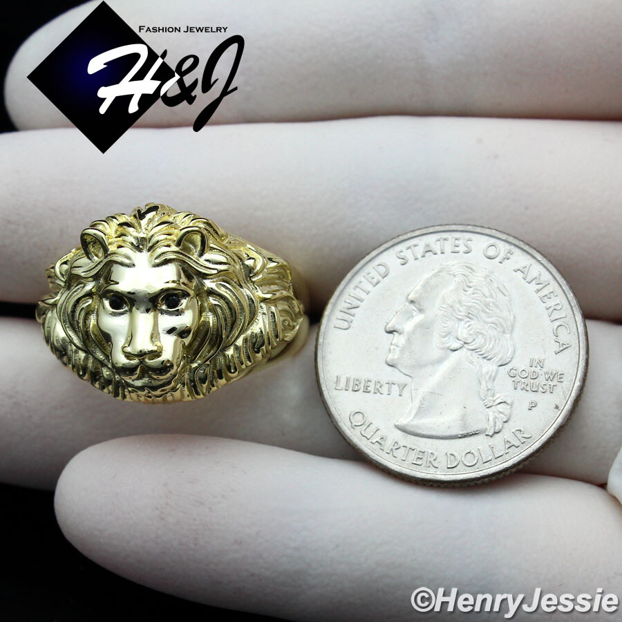 925 STERLING SILVER CUBIC ZIRCONIA EYE PLAIN GOLD PLATED 3D LION FACE RING*GR177