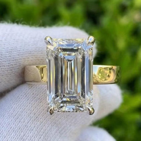 Lab Grown Diamond 4.20Ct EMERALD-Cut HIDDEN HALO Wedding Ring EF 14K YELLOW GOLD