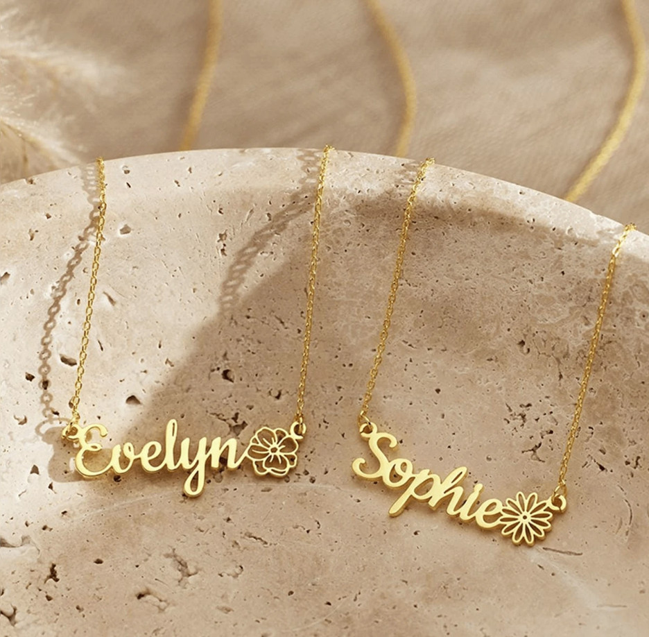 Custom Name Birth Flower Necklace Personalized 18K Gold Plated Gift for Women