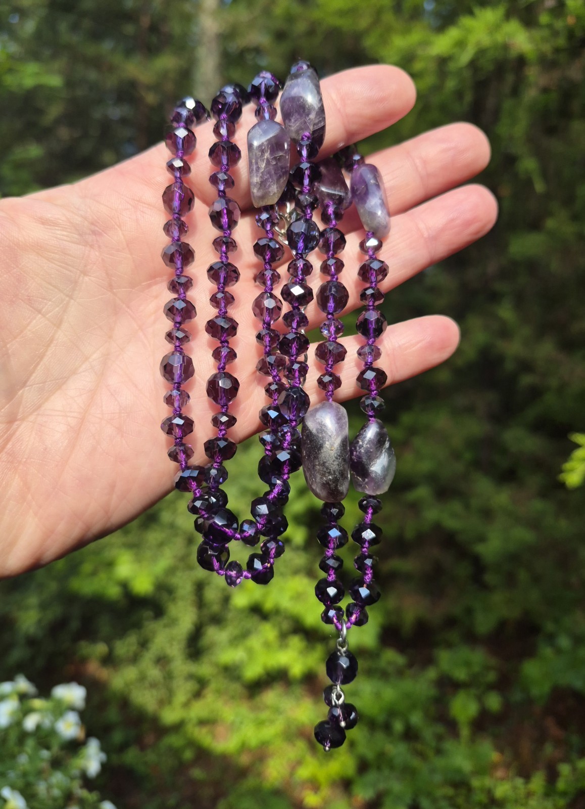 Artisan Faceted Purple Glass Crystal Amethyst Hand-knotted Necklace 37.5″ To 41″