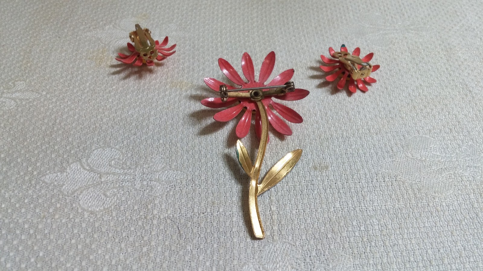 Green Orange Yellow Enameled GTMetal Daisy Flower BroochPin MatchingClipEarrings