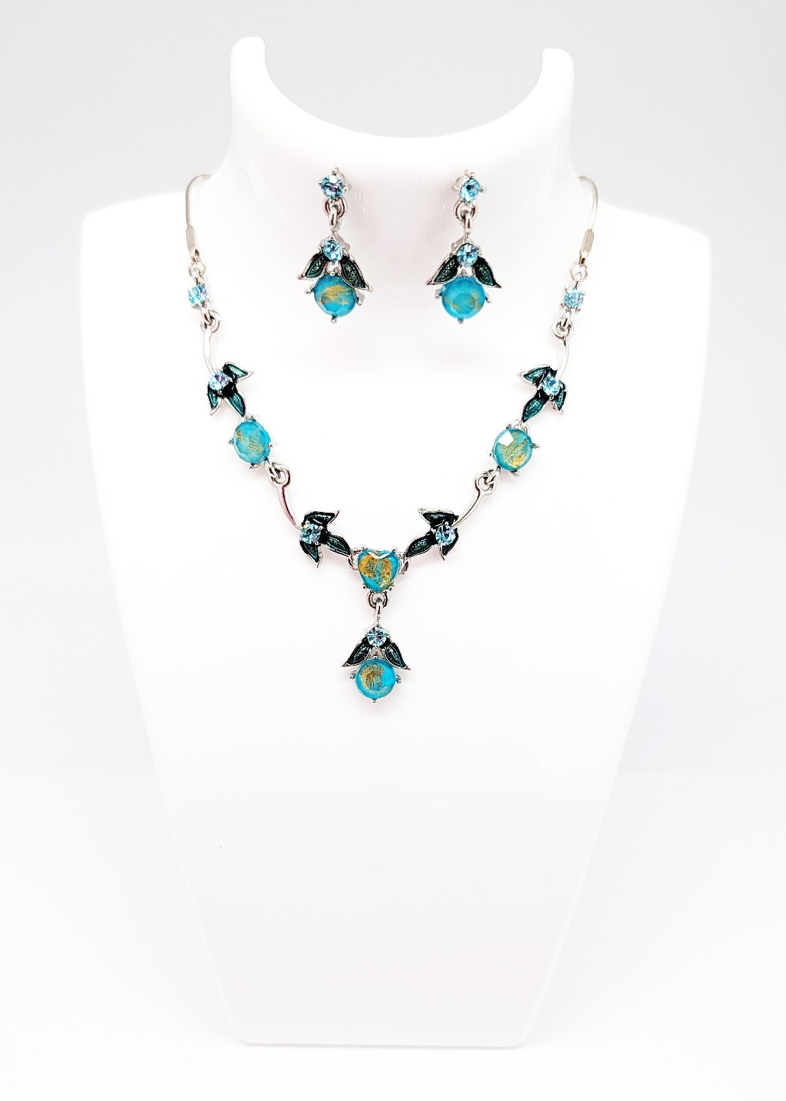 DESIGNER INSPIRED 20 in BLUE CLEAR CRYSTAL SILVER TONE FLORAL DROP JEWELRY SET