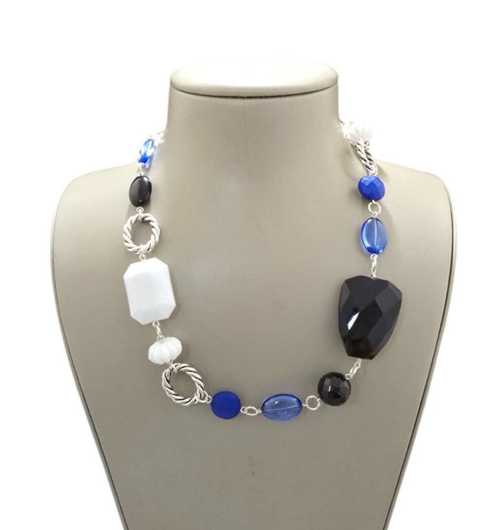 Stephan & Co Women’s Silver Plated Black , Blue & White Acrylic Short Necklace