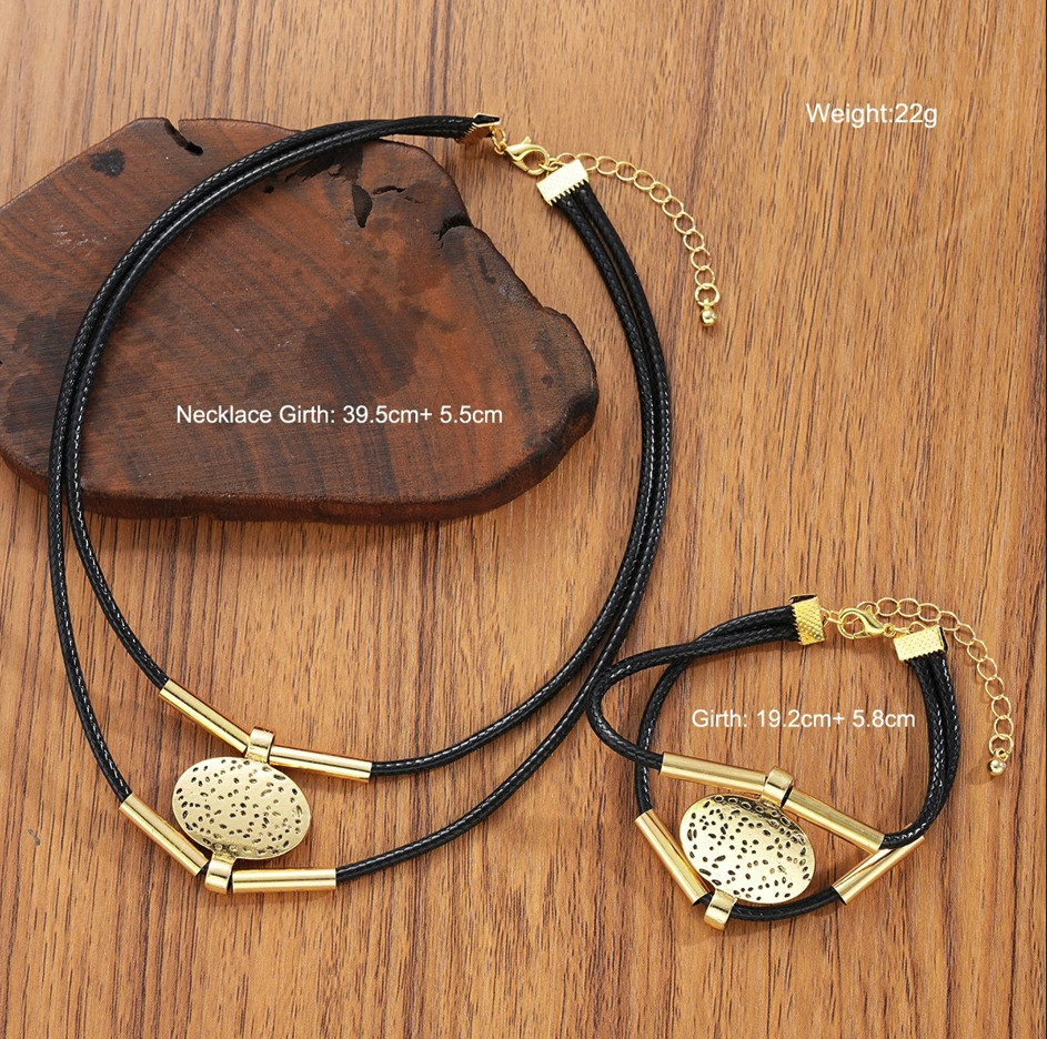 2pcs Vintage Oval Necklace Bracelet Set Gold Silver Faux Leather Chain – NEW