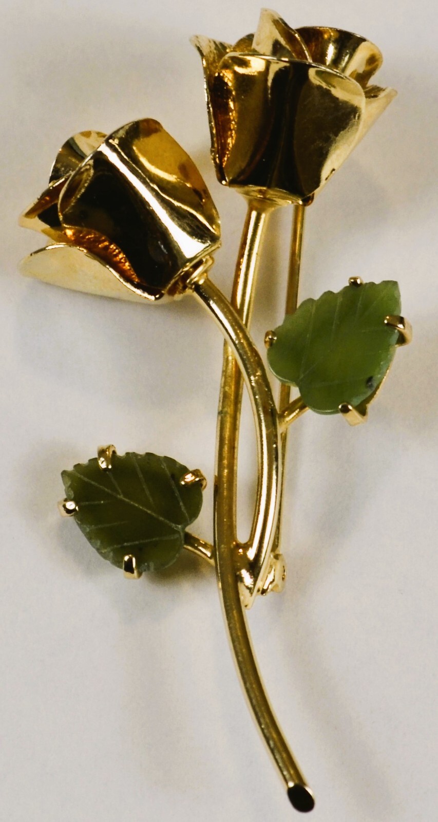 Brooch Pin Two Gold Tone Rose Buds Two Green Leaves Estate