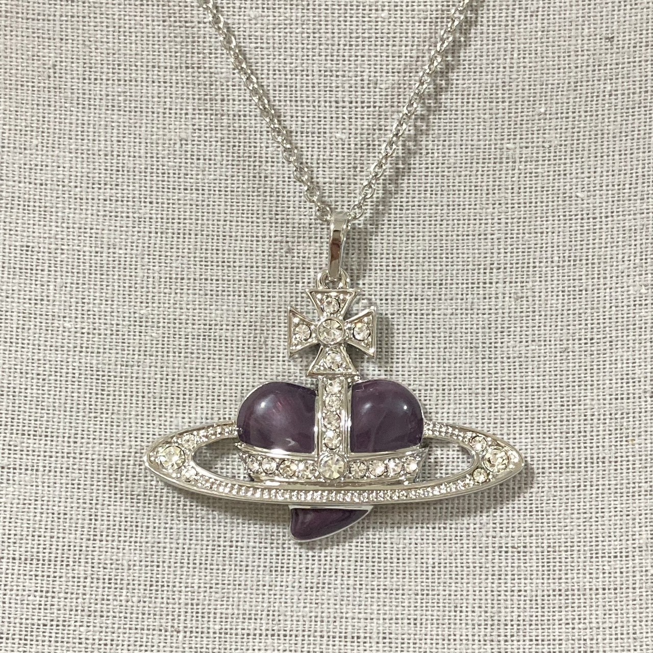 Vivienne Westwood Necklace Diamante Heart Orb Large Silver Purple w/Pouch NO BOX